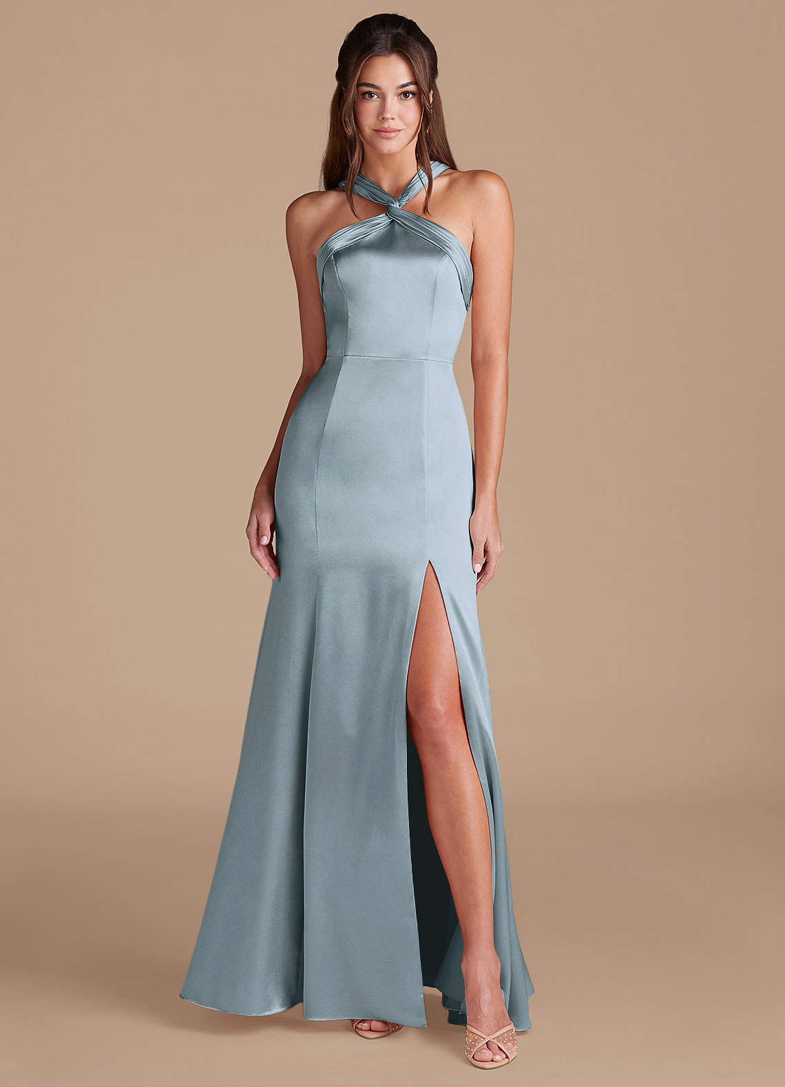 Azazie Mermaid Halter Neck Floor-Length Metallic Satin Bridesmaid Dresses - dusty blue