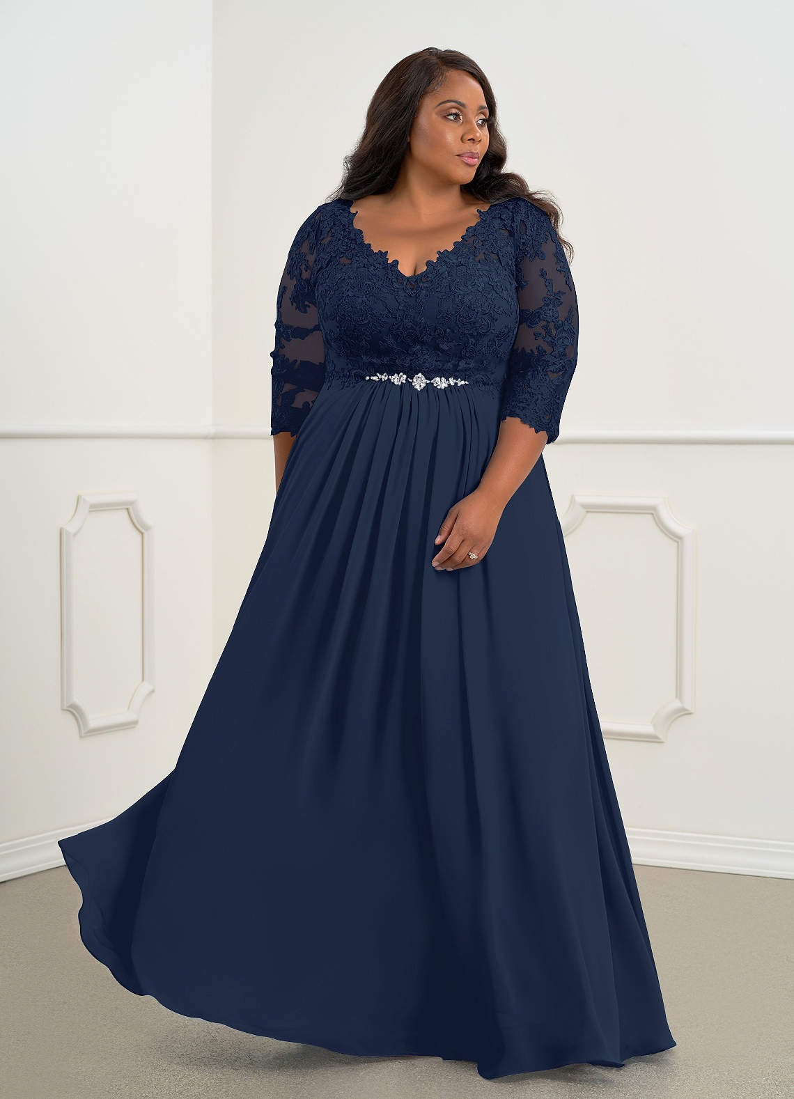 Azazie Hayek Mother of the Bride Dresses Dark Navy A-Line V-Neck Lace Chiffon Dress image8