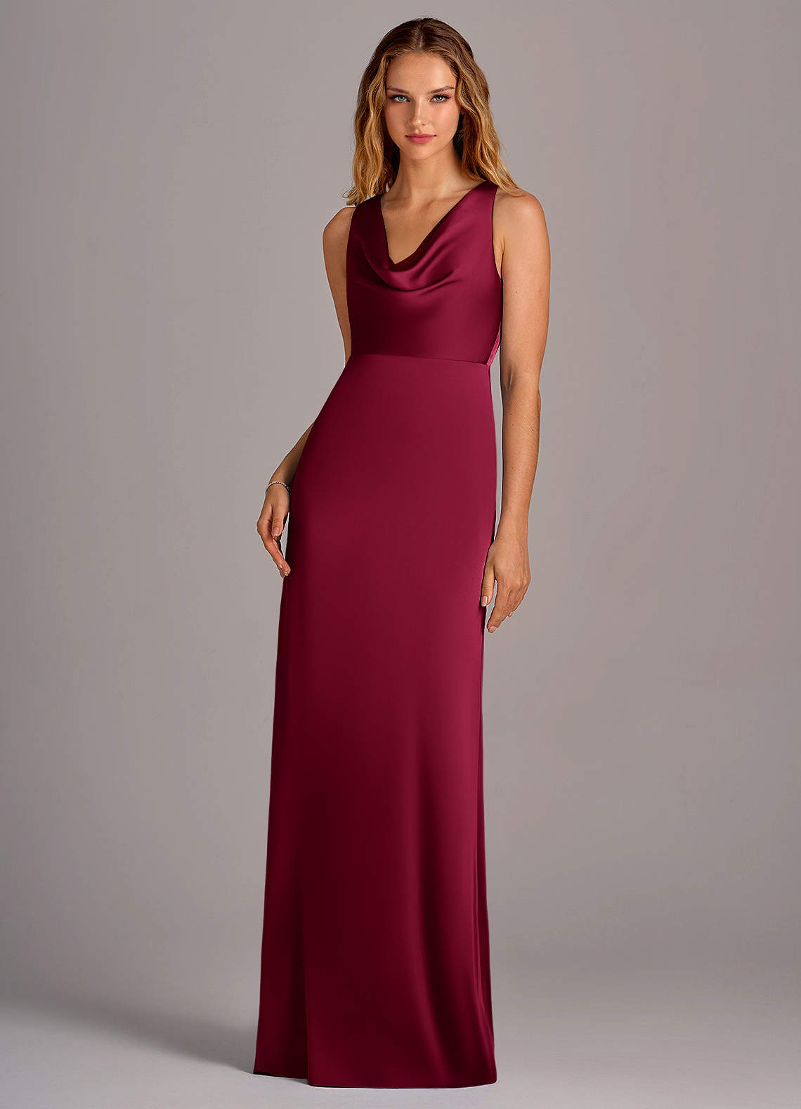 Azazie Wrenlee Bridesmaid Dresses Burgundy A-Line Stretch Satin Dress image1