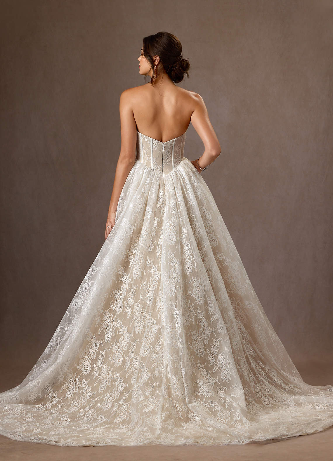 Azazie Demetria Wedding Dresses Diamond White Nude Ball-Gown Strapless Lace Dress image2