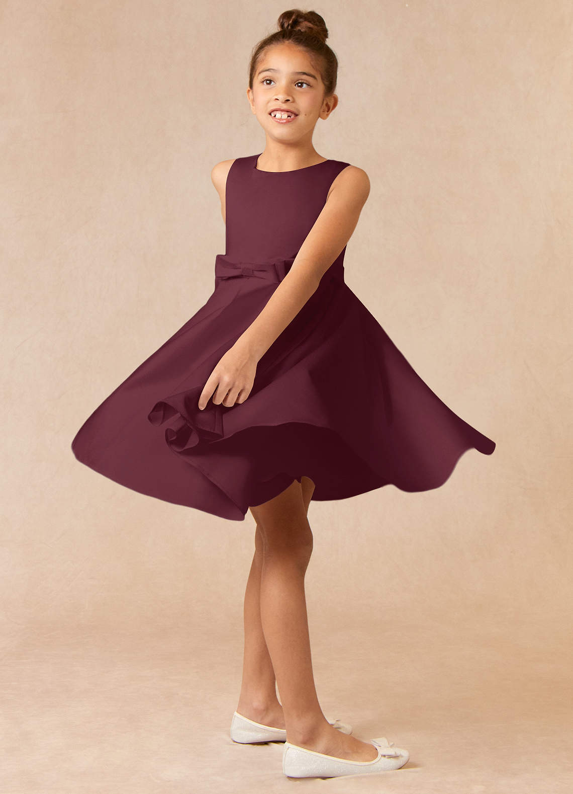 Azazie Coco Flower Girl Dresses Cabernet A-Line Bow Matte Satin Dress image2