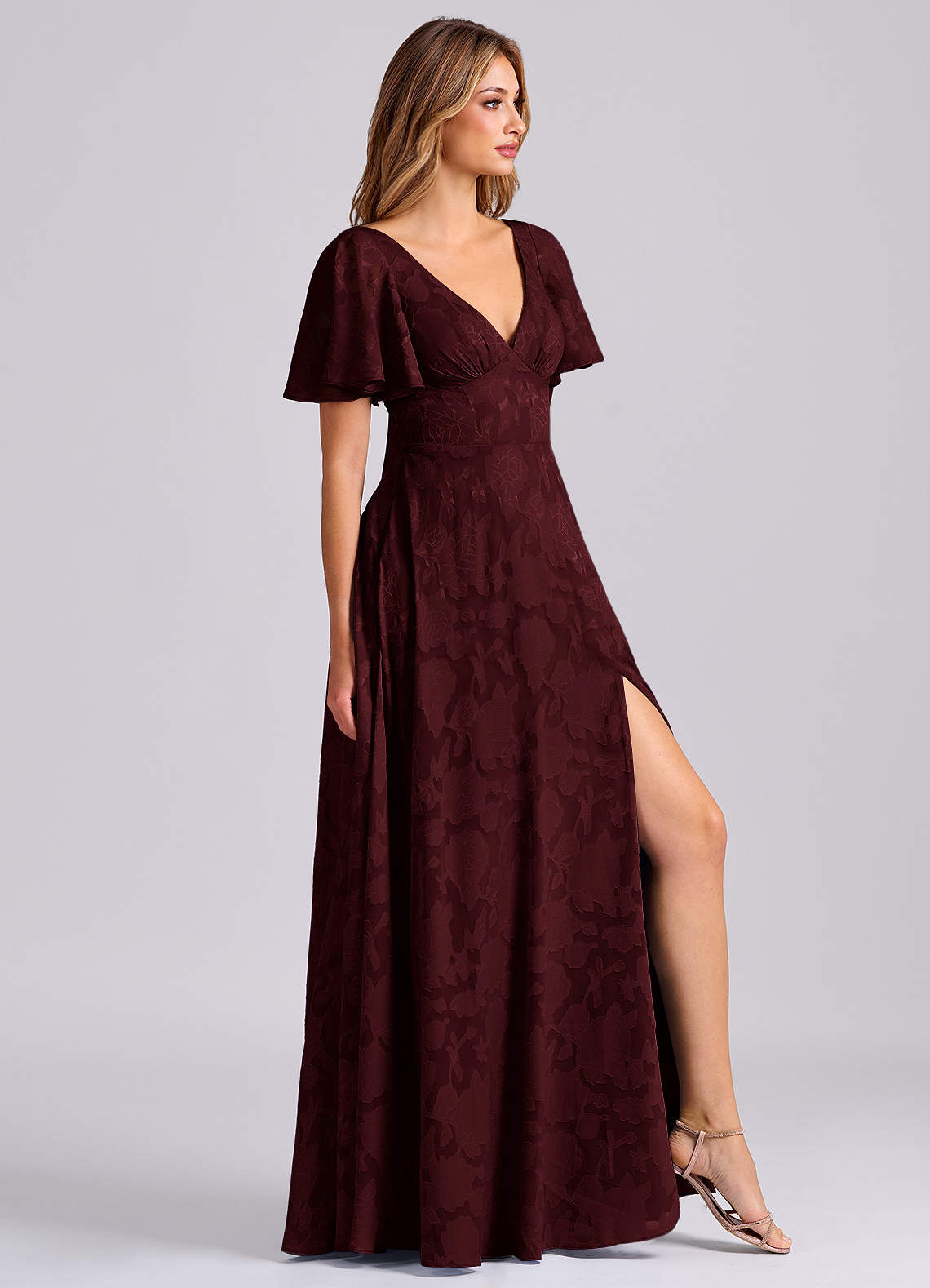 Azazie Kimber Bridesmaid Dresses Cabernet A-Line with Pockets Floral Burnout Dress image3