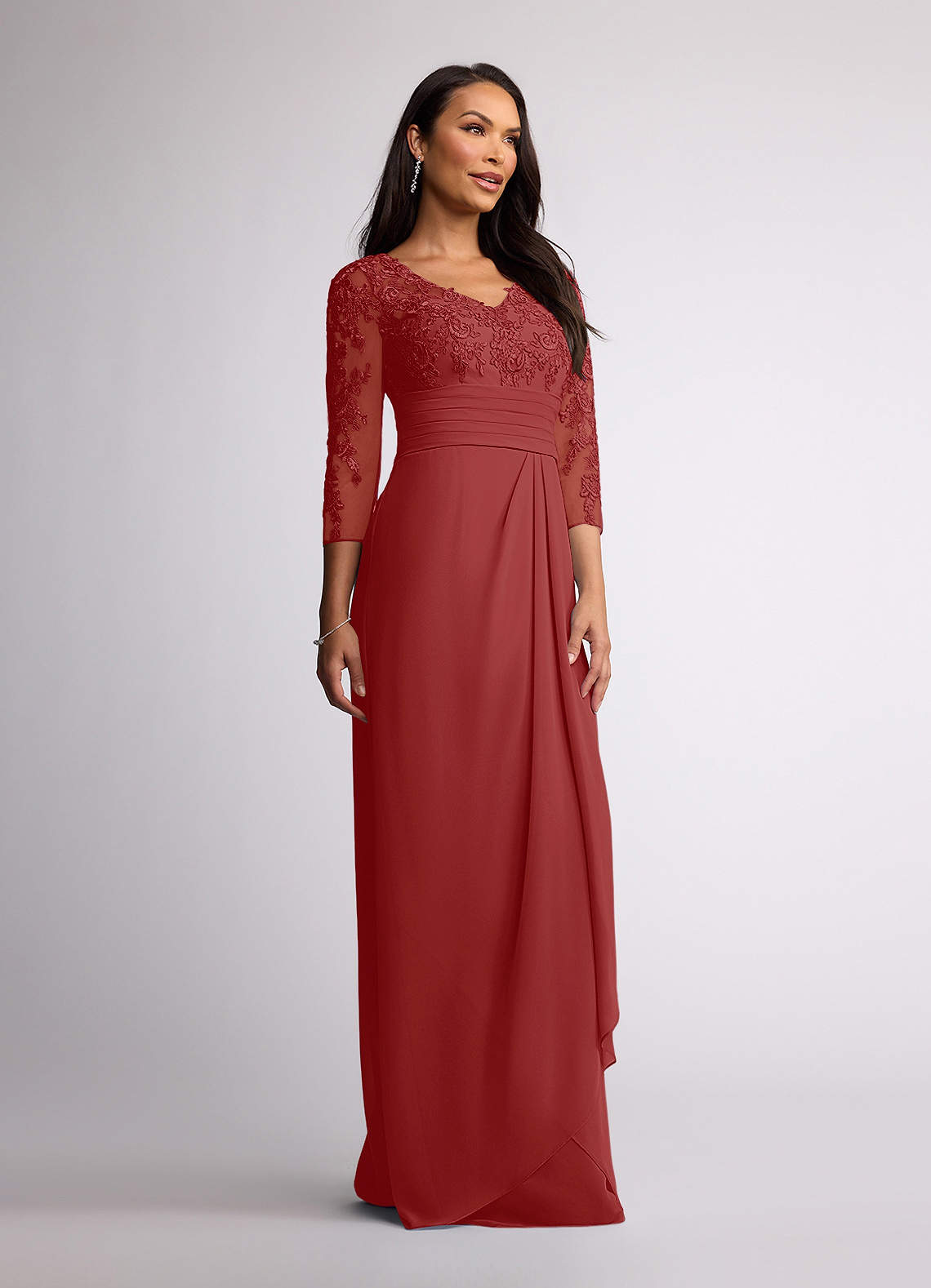Azazie Joan Rust Sheath V-Neck Lace Chiffon Dress | Azazie