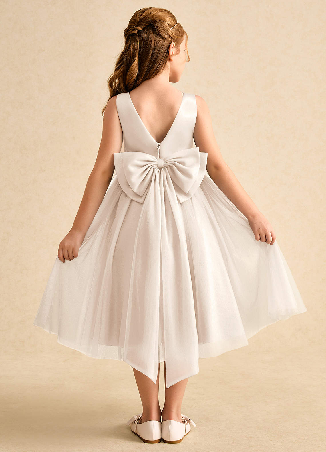 Azazie Winnie vestidos de niña de las flores Vestido de Alabastro Blanco de Tul de Princesa con Lazo image1