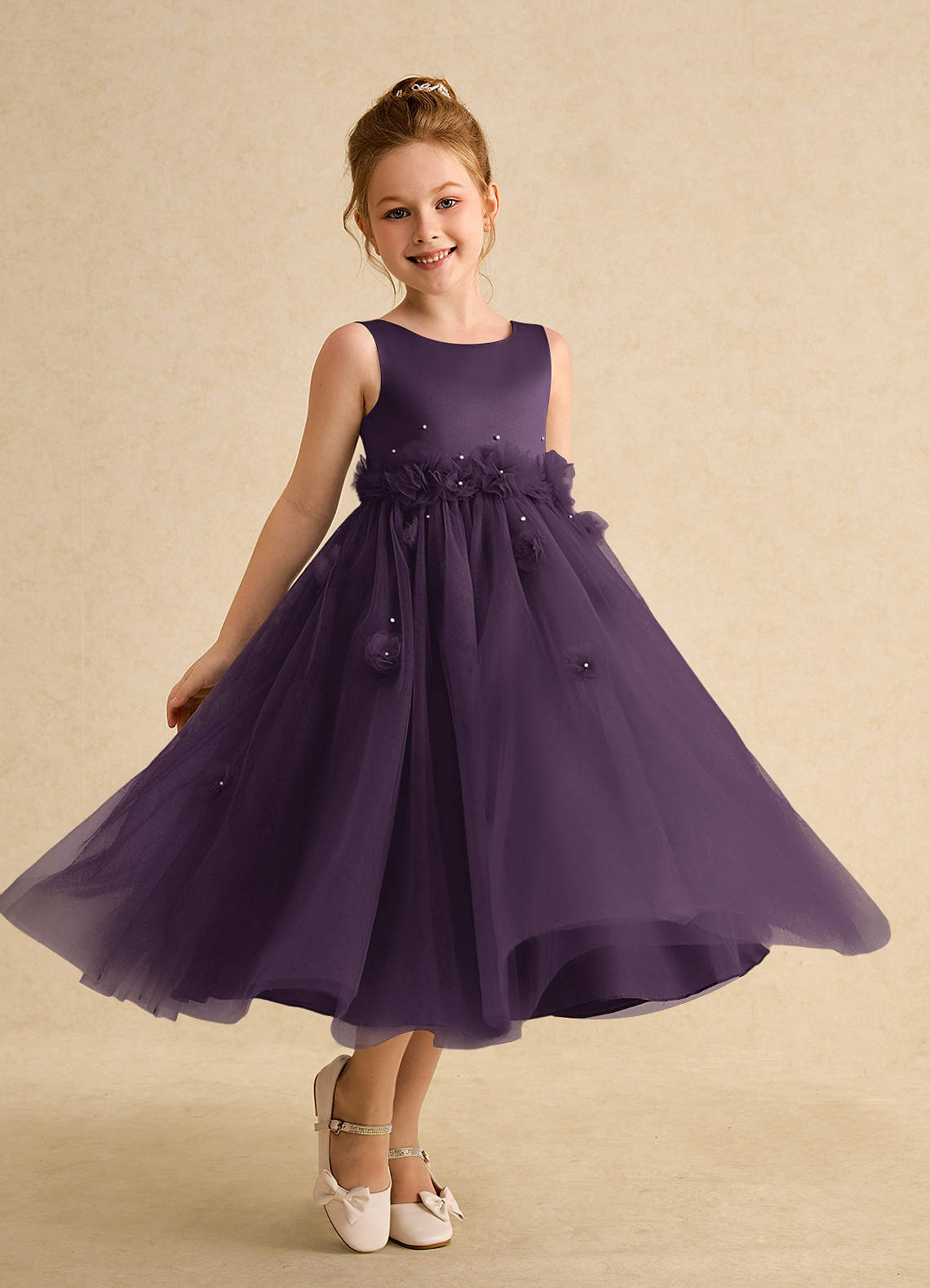 Azazie Lux Flower Girl Dresses Plum A-Line Beaded Tulle Dress image1