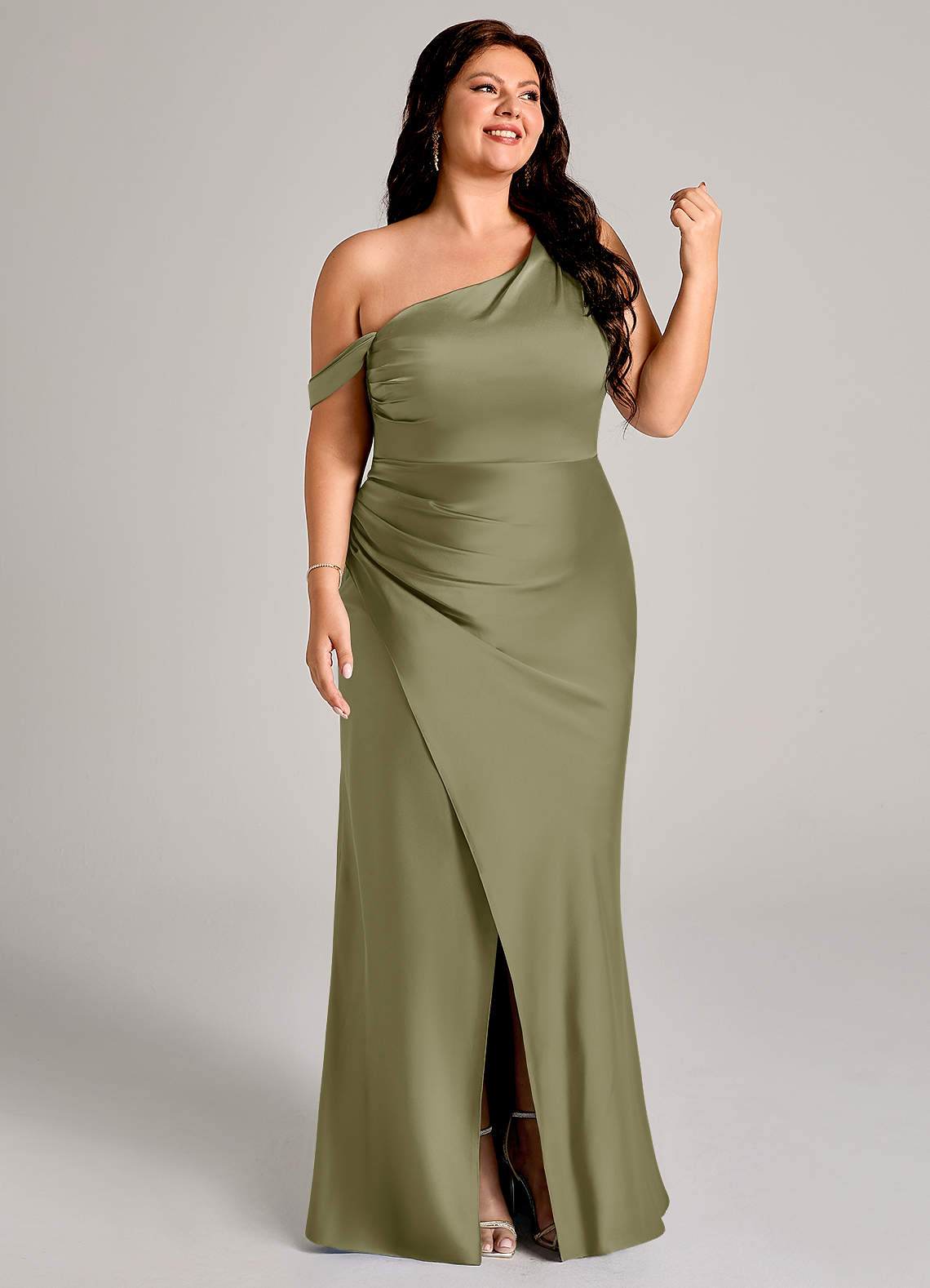 Azazie Madelyn Bridesmaid Dresses Pistachio Mermaid One Shoulder Stretch Satin Convertible Dress image12