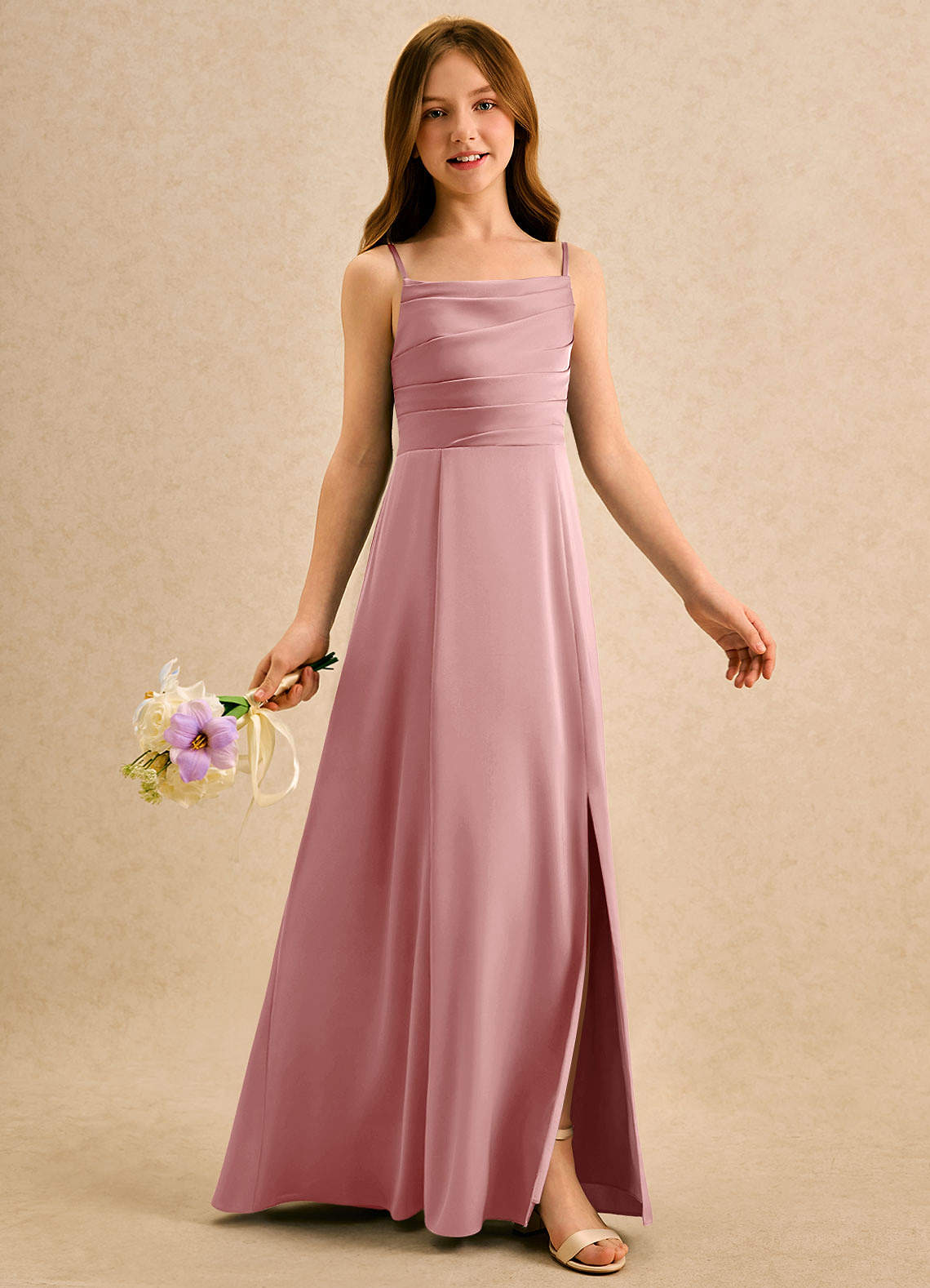 Azazie Chamomile Girls Formal Flower Girl Dresses Dusty Rose A-Line Pleated Stretch Satin Dress image1