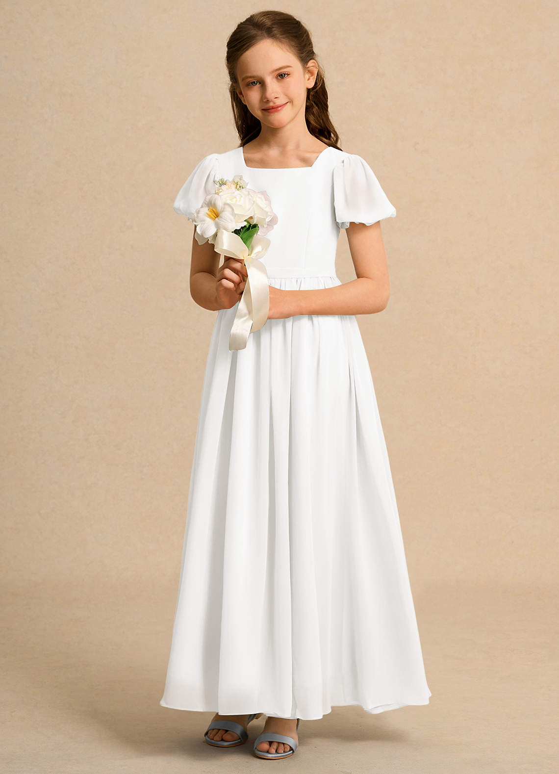 Azazie Lilia Girls Formal Kukkatyttöjen mekot A-linja hihoilla Sifonki Nilkan pituus Pukeutua image3