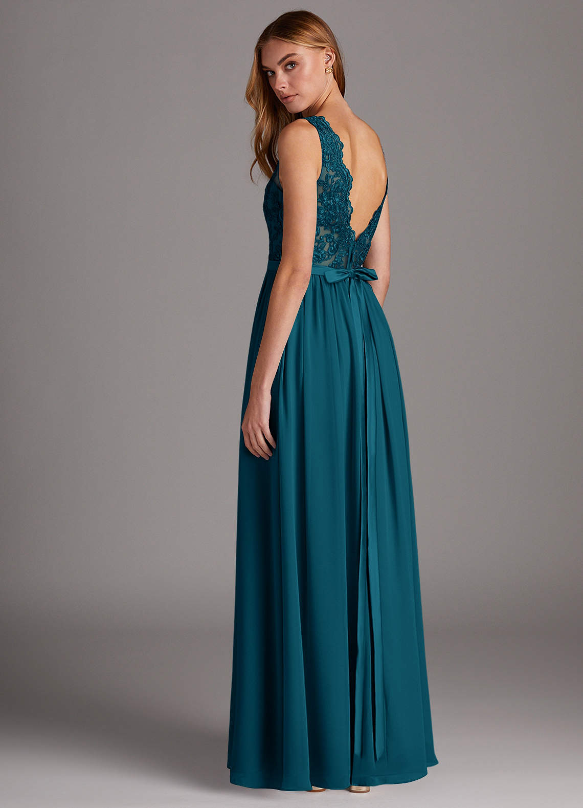 Azazie Elly Bridesmaid Dresses Ink Blue A-Line Lace Scoop Neck Chiffon Dress image4