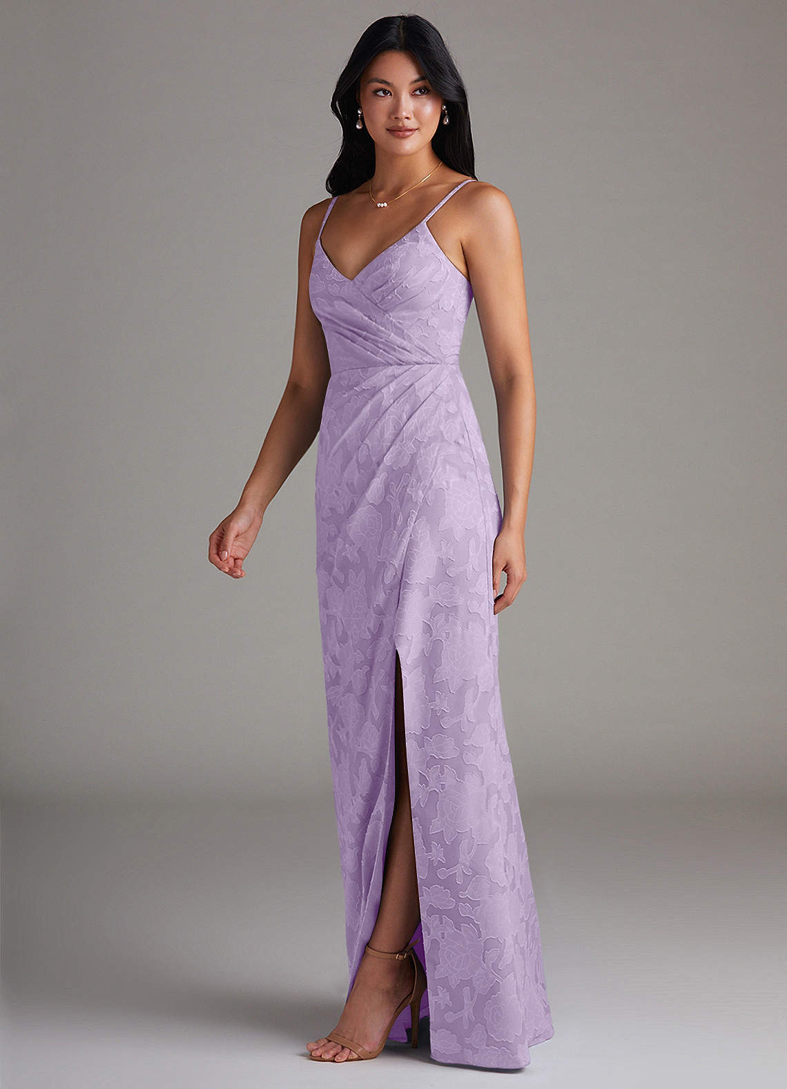 purple gray bridesmaid dresses Berylove Women Grey Purple A Line Maxi Dress V Neck Embroidered Chiffon Wedding Party Guest Dress with Long Sleeves, Grey Purple / XL main image 0