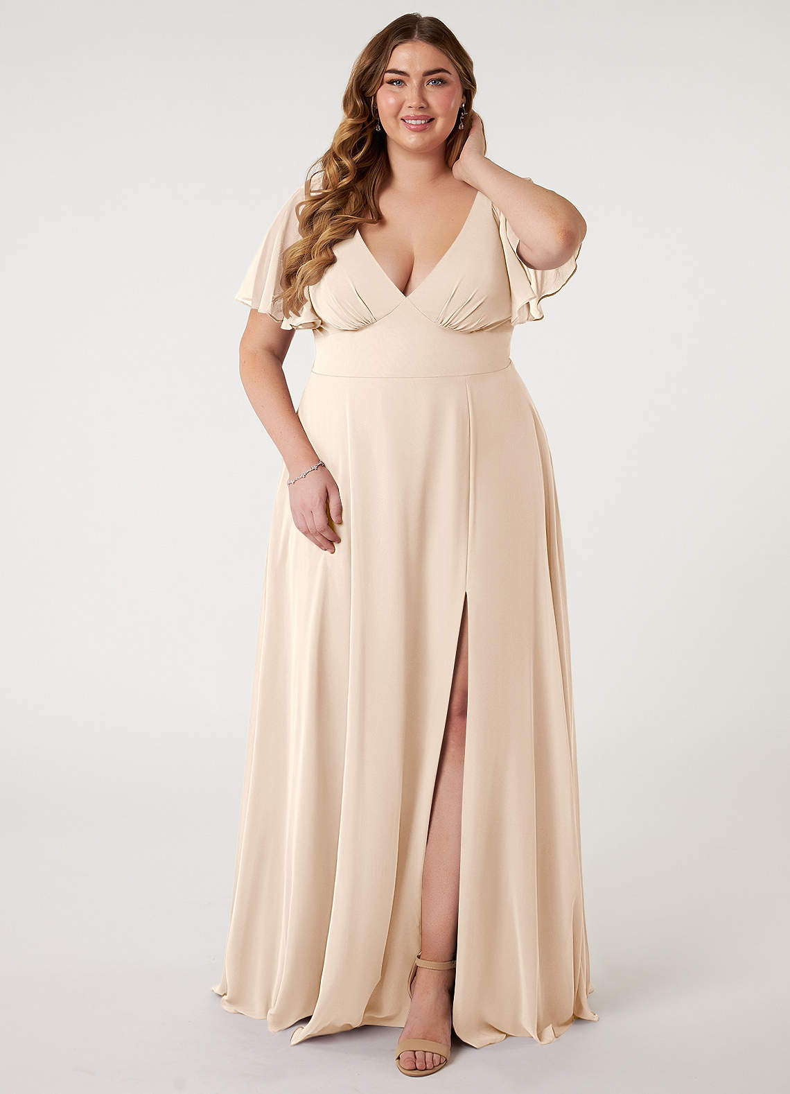 Azazie Kimber Bridesmaid Dresses White Alabaster A-Line Flounce Sleeve Chiffon Dress image1
