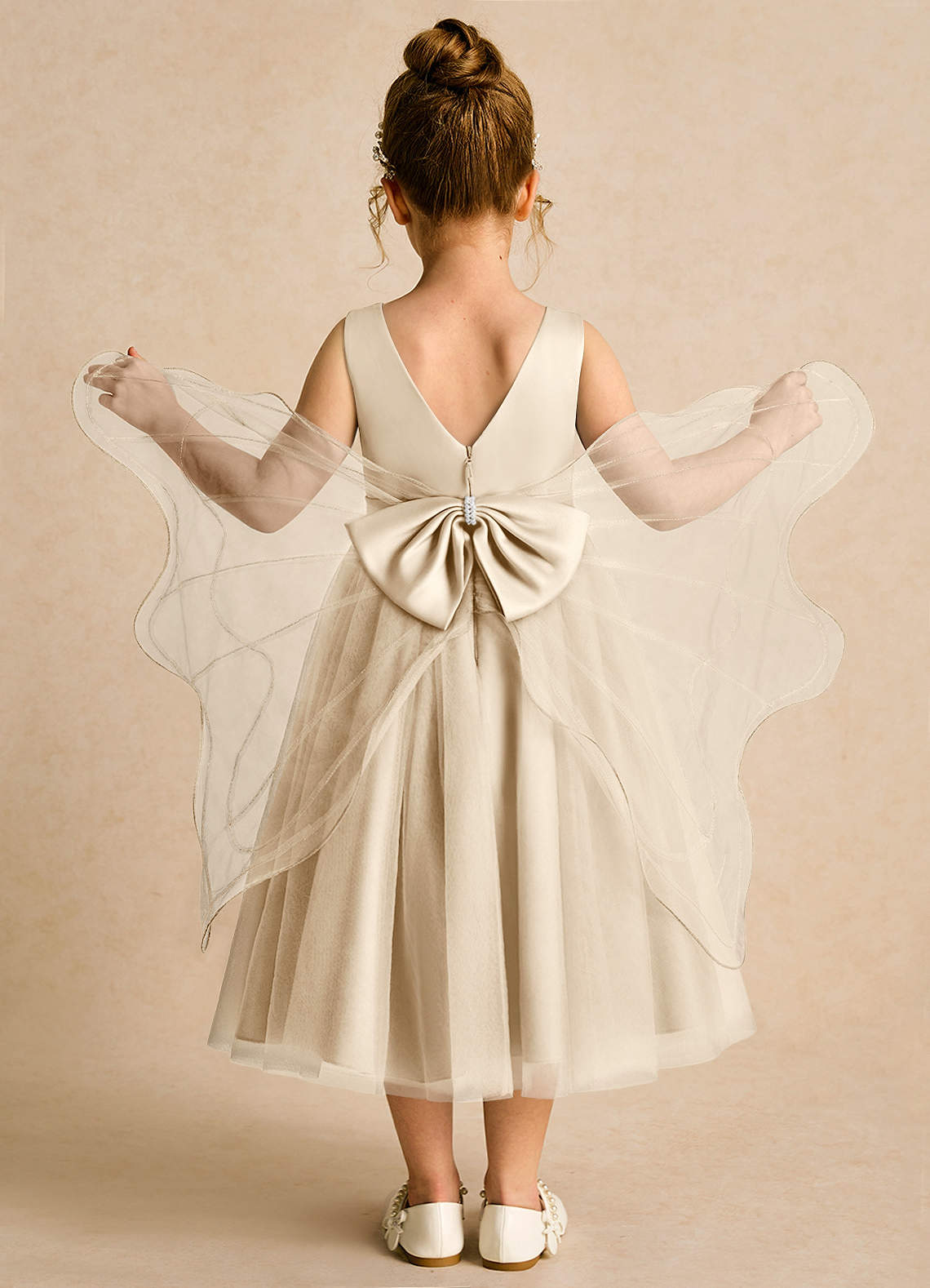 Azazie Pear Flower Girl Dresses Champagne Ball-Gown Bow Tulle Dress image1