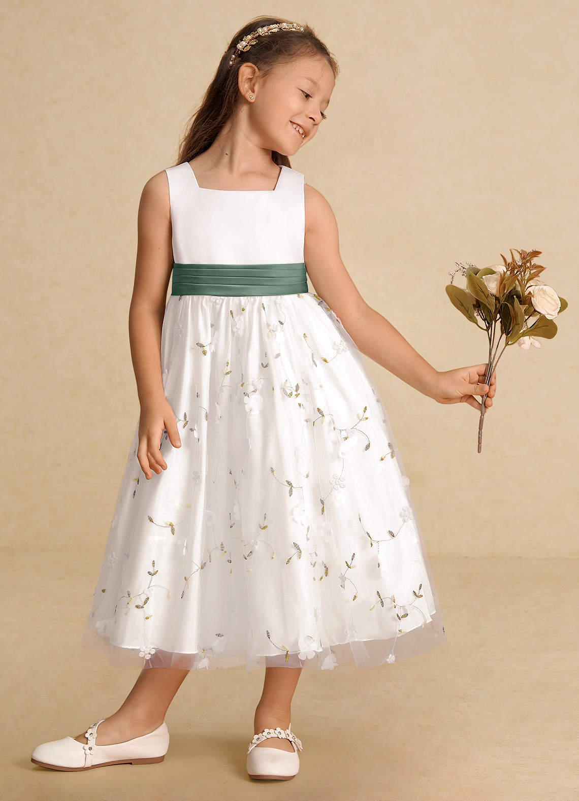 Azazie Pollie Flower Girl Dresses Ivory Eucalyptus A-Line Bow Tulle Dress image3