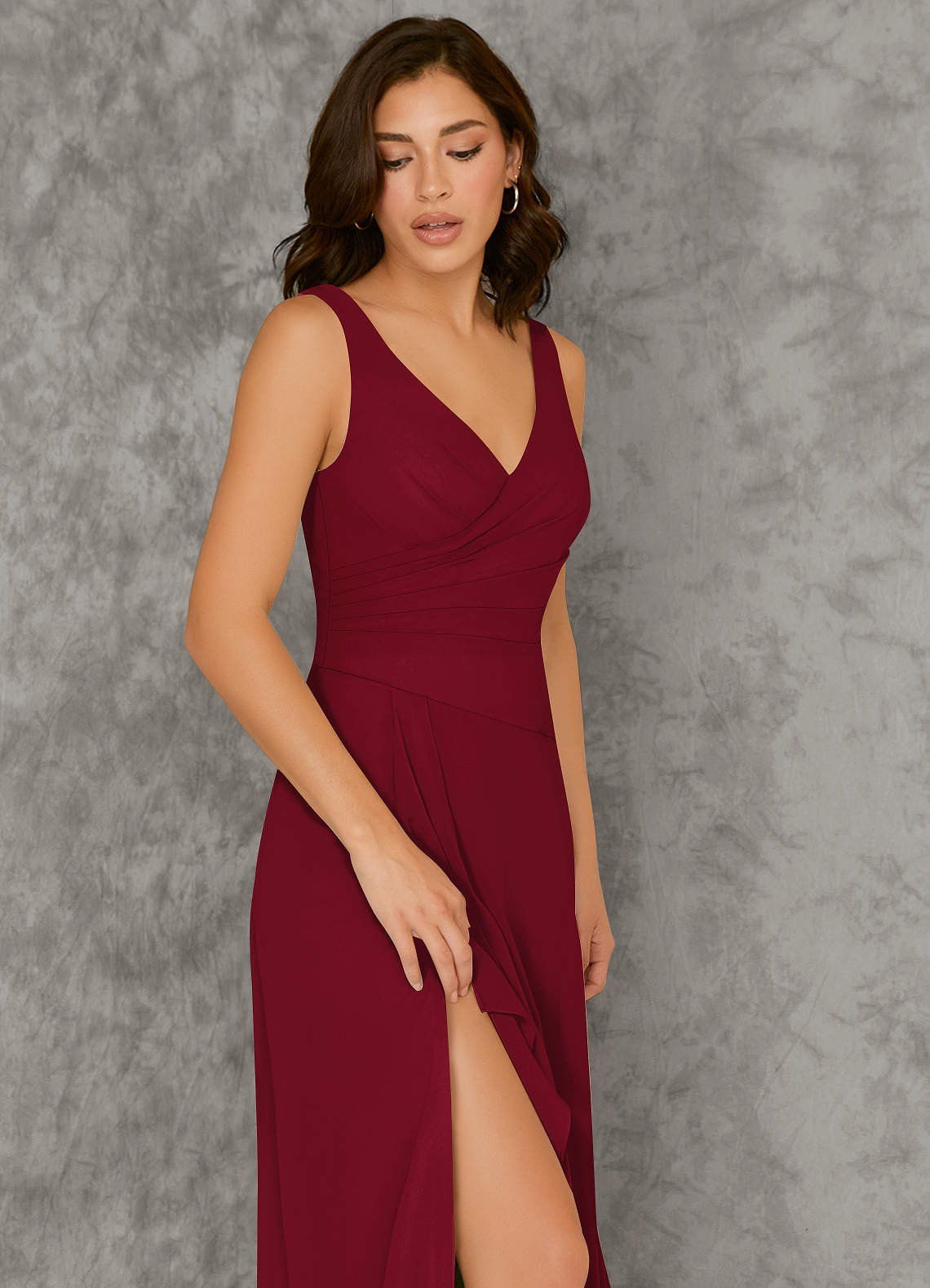 open lace back dress Modest Red Long Sleeves V-neck Chiffon Prom Dresses main image 0
