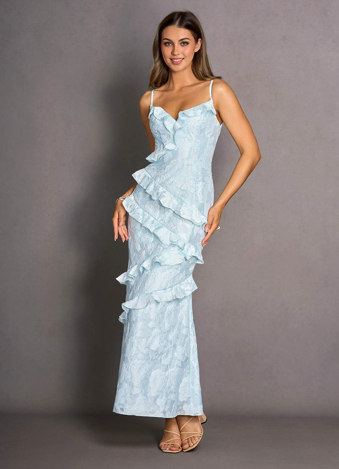 pale blue cocktail dress May Queen - MQ1862 Floral Appliqued Cocktail Dress