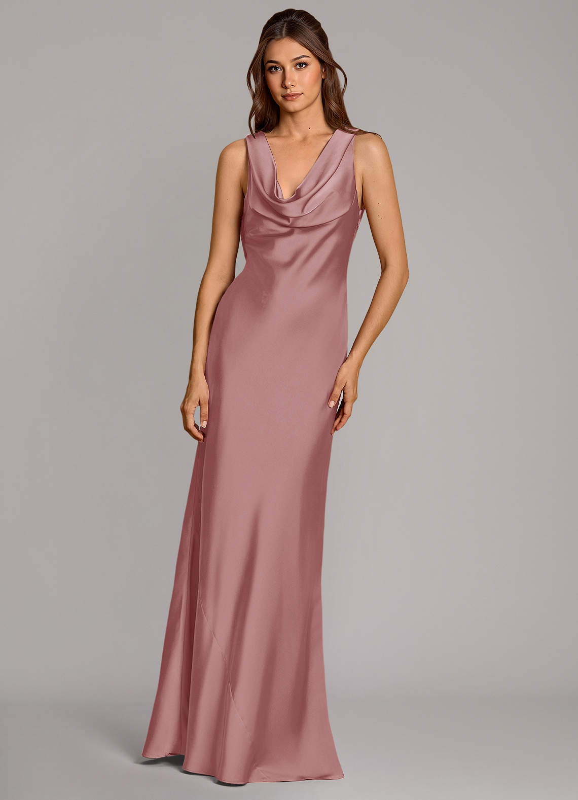 Azazie Cheryl Vestidos de damas de honor Vestido de Rosa Polvorienta de Satén Elástico de Corte Sirena image3