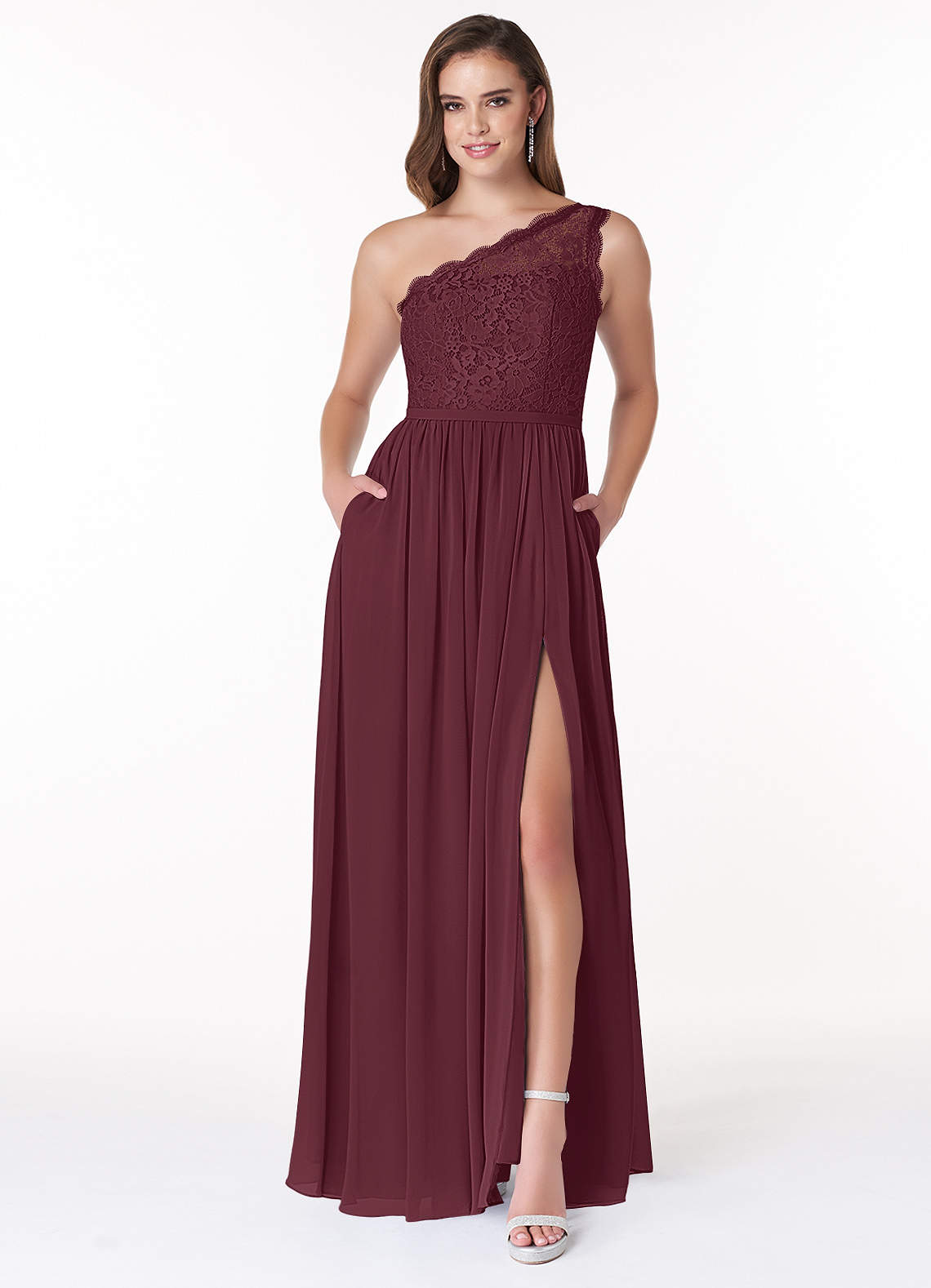 Azazie Demi Bridesmaid Dresses Cabernet A-Line One Shoulder Chiffon Dress image1