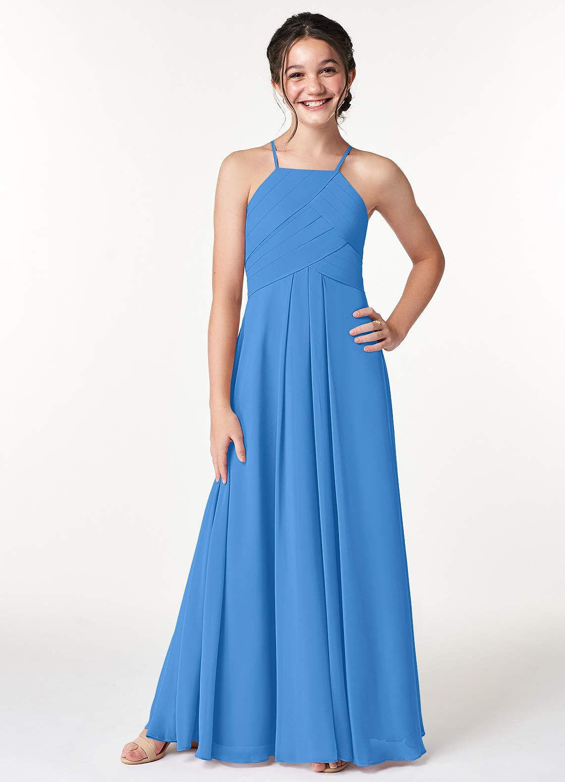 Azazie Ginger Junior A-Linie Plissee Chiffon Kleid Blauhäher image1