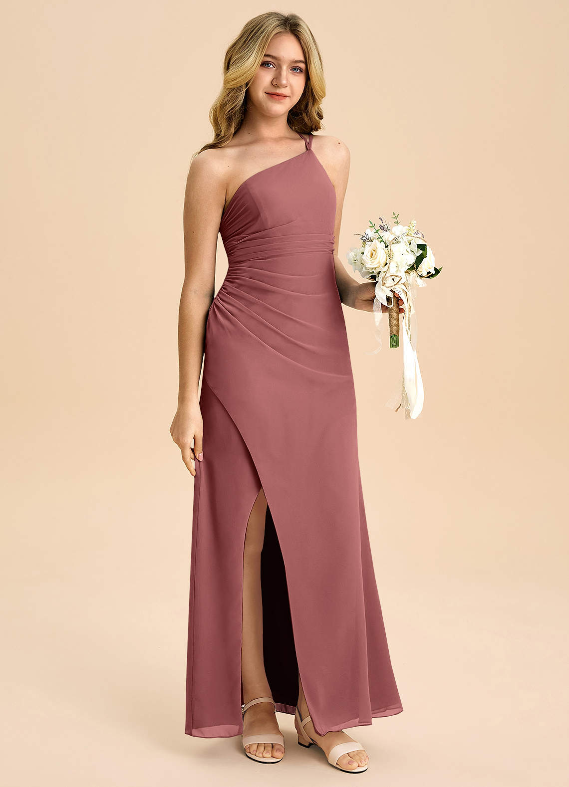 Azazie Eren Junior Vestido Ametista de Chiffon de Linha A com Plissado image2