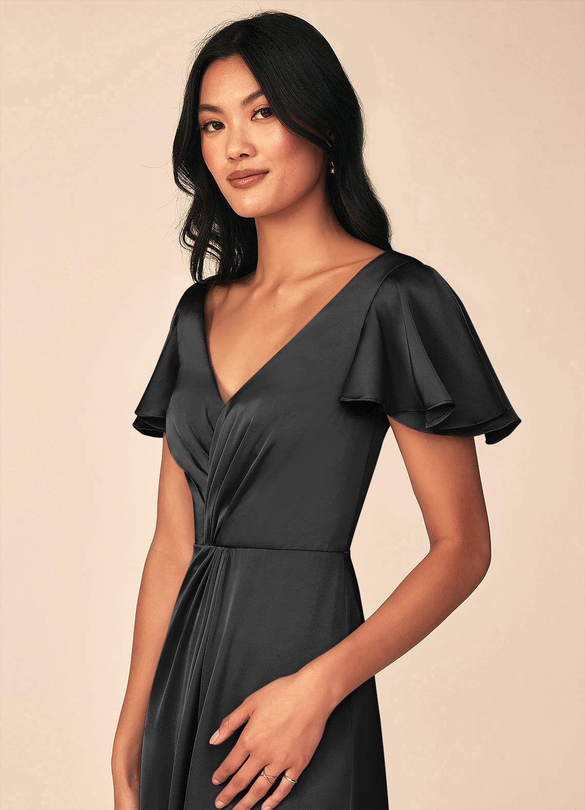 Azazie Soren Bridesmaid Dresses Black A-Line Pleated Stretch Satin Dress image6