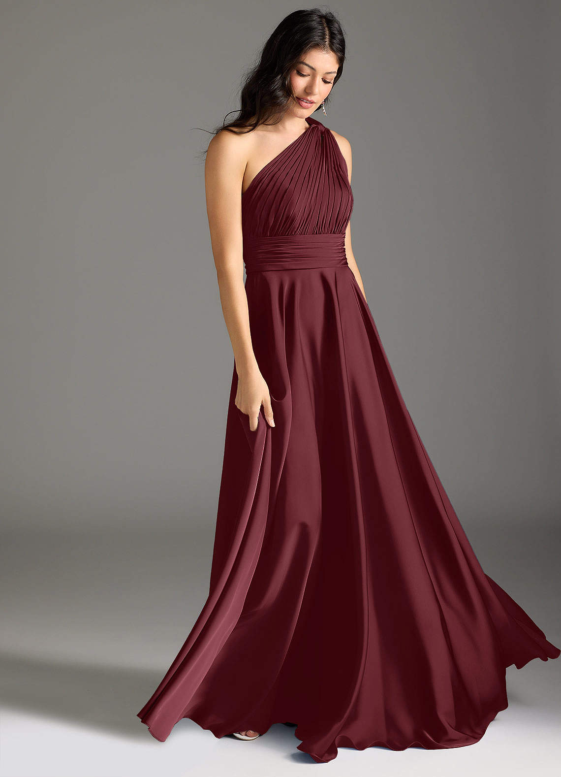 Azazie Charlize Bridesmaid Dresses Cabernet A-Line One Shoulder Stretch Satin Dress image2