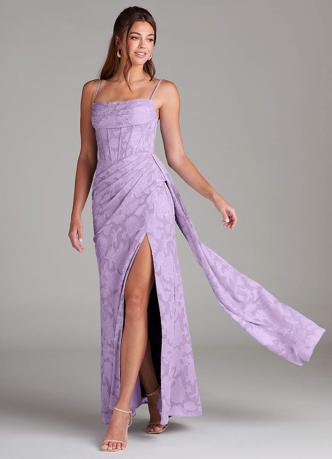 Azazie Denisa Bridesmaid Dresses Lilac Sheath Pleated Floral Burnout Dress image1