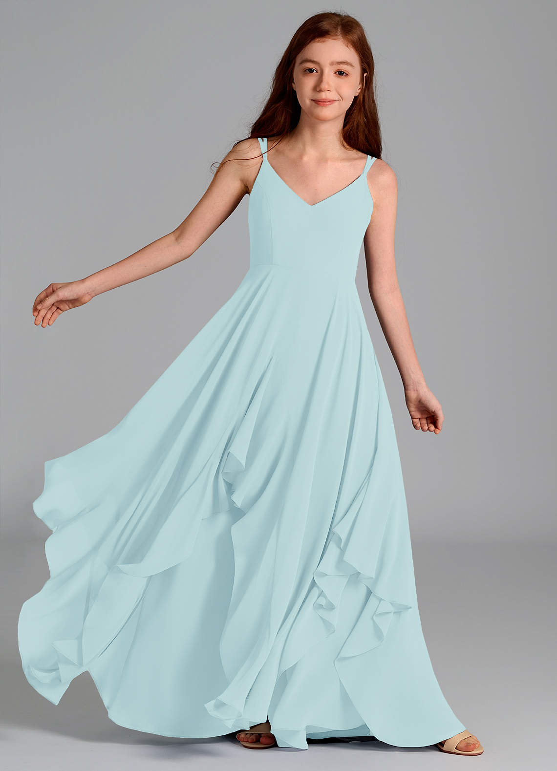 Azazie Karan Junior Abito A-Line in Chiffon Sea Glass image1