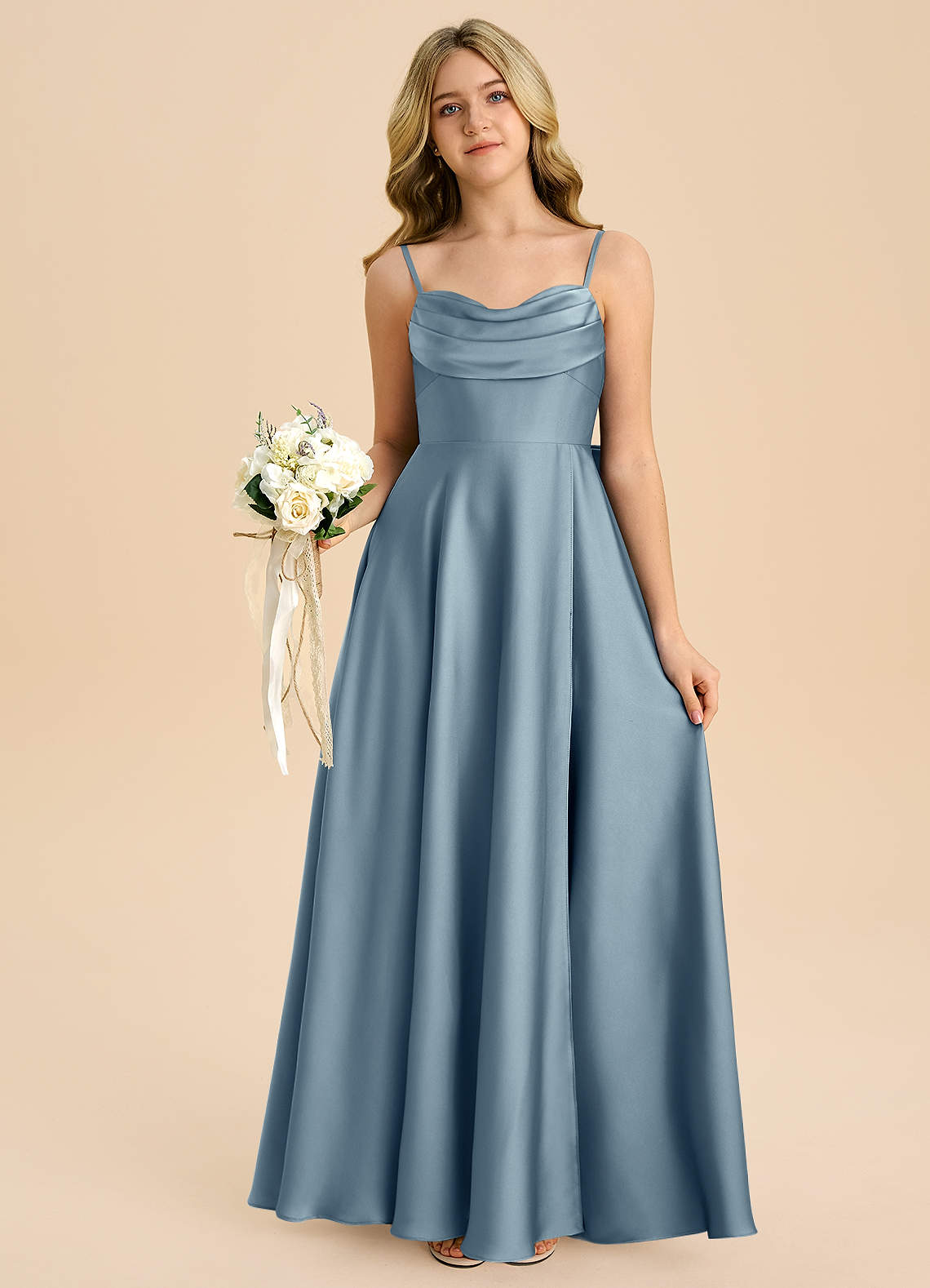 Azazie Bear Junior Dusty Blue A-Line Sweetheart Neckline Stretch Satin Dress image6