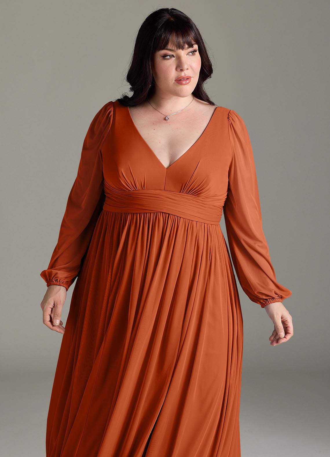 Azazie Norah Bridesmaid Dresses Burnt Orange A-Line V-Neck Long Sleeve Chiffon Dress image11