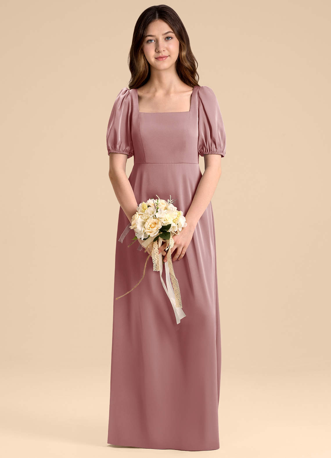 Azazie Briar Junior Vestido de Rosa Polvorienta de Satén Elástico de Corte en A con Lazo image1