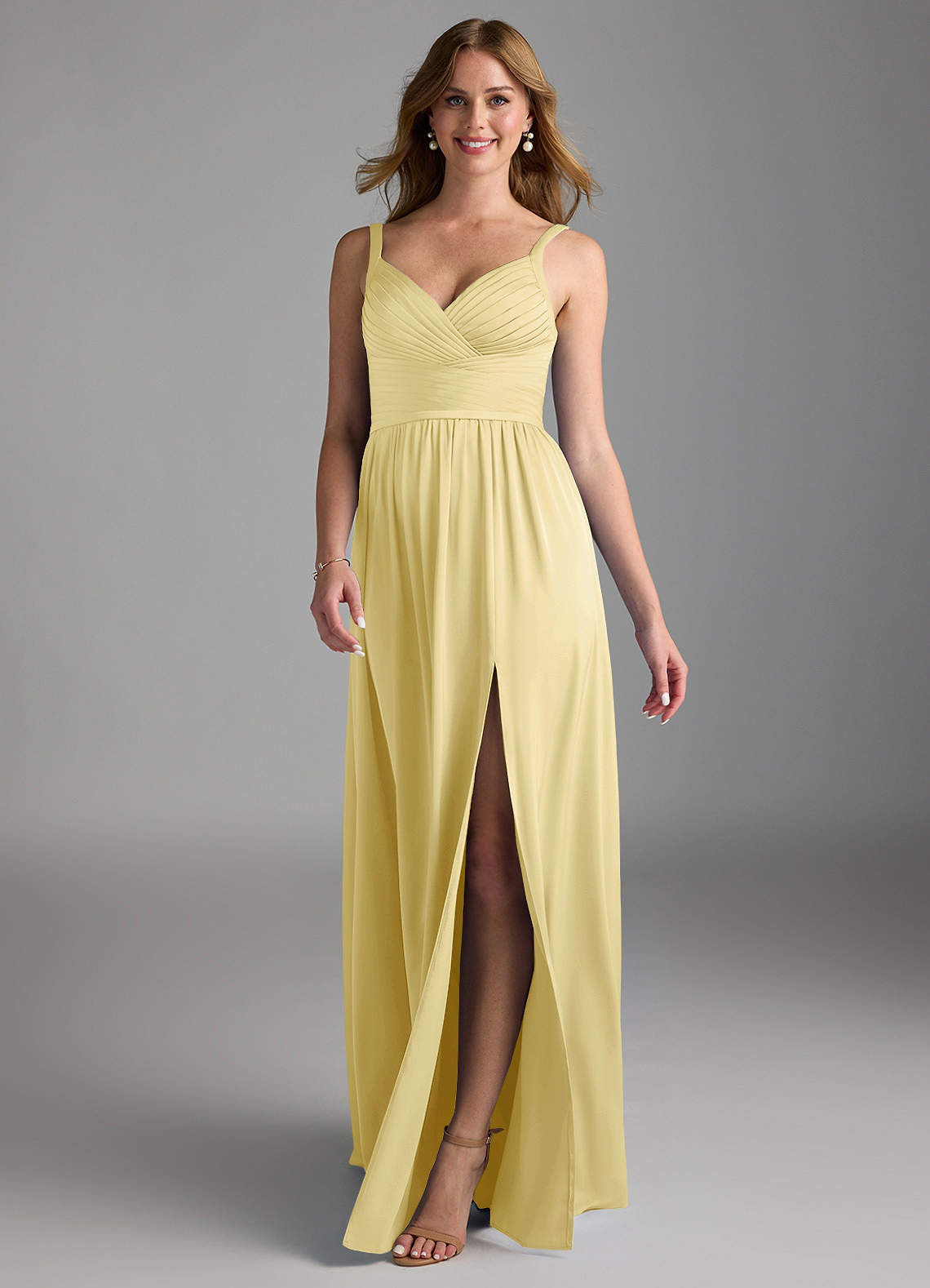 Azazie Chanel Bridesmaid Dresses Lemon Sorbet A-Line Pleated Stretch Satin Dress image1