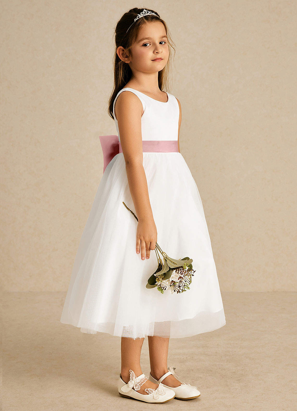 Azazie Kavi Flower Girl Dresses Ivory Dusty Rose A-Line Bow Matte Satin Dress image3