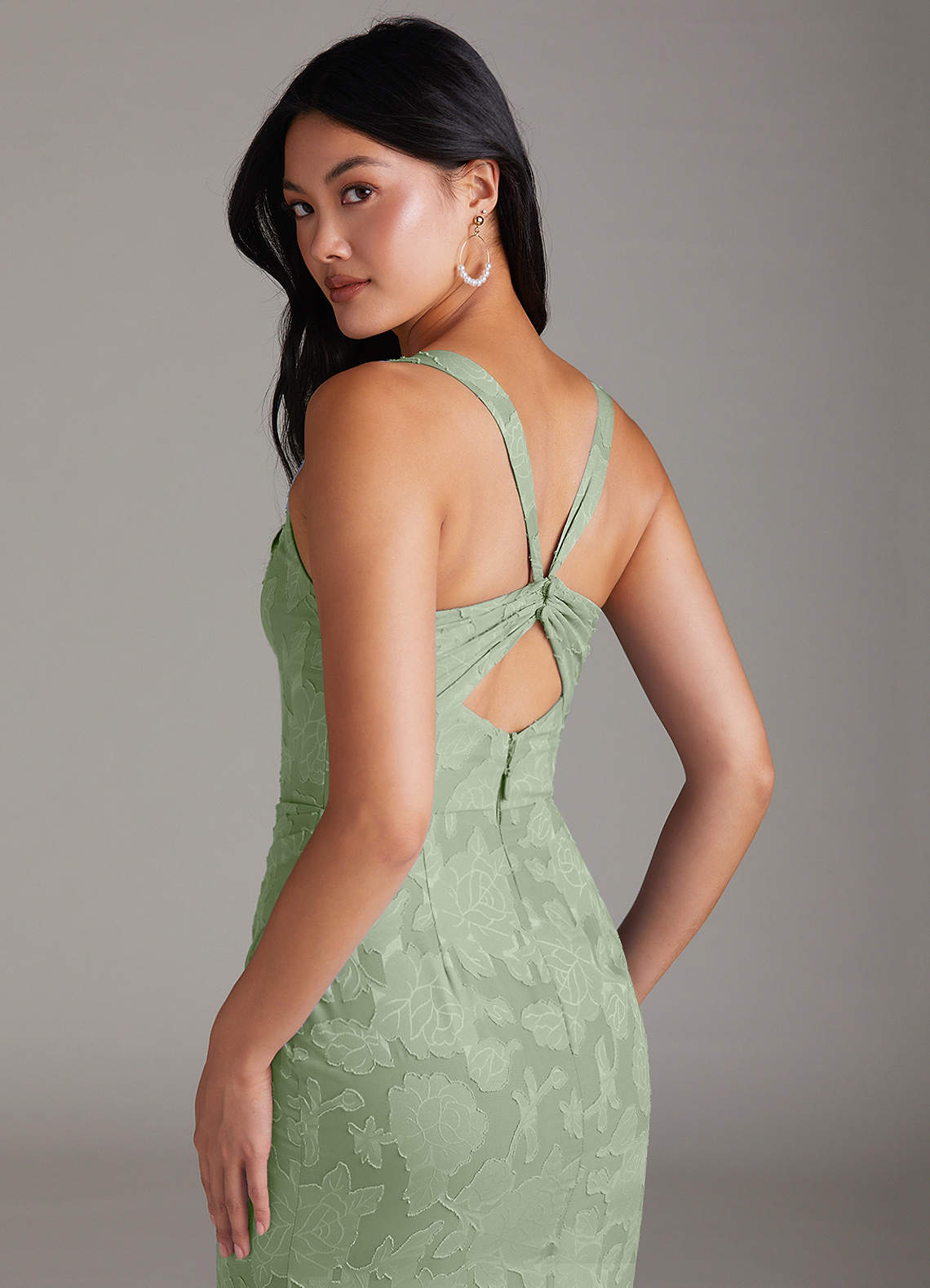 Azazie Mero Bridesmaid Dresses Dusty Sage Sheath Pleated Floral Burnout Dress image4