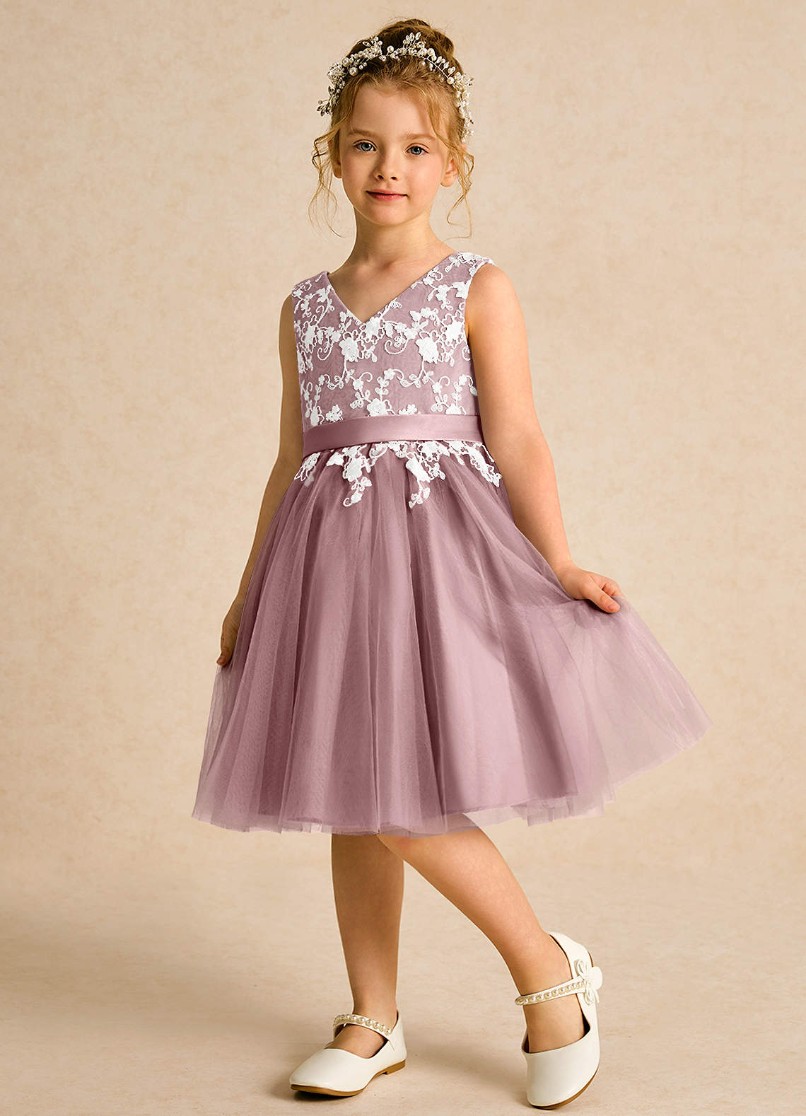 Azazie Butterfly Flower Girl Dresses Dusty Rose A-Line Lace Dress image3