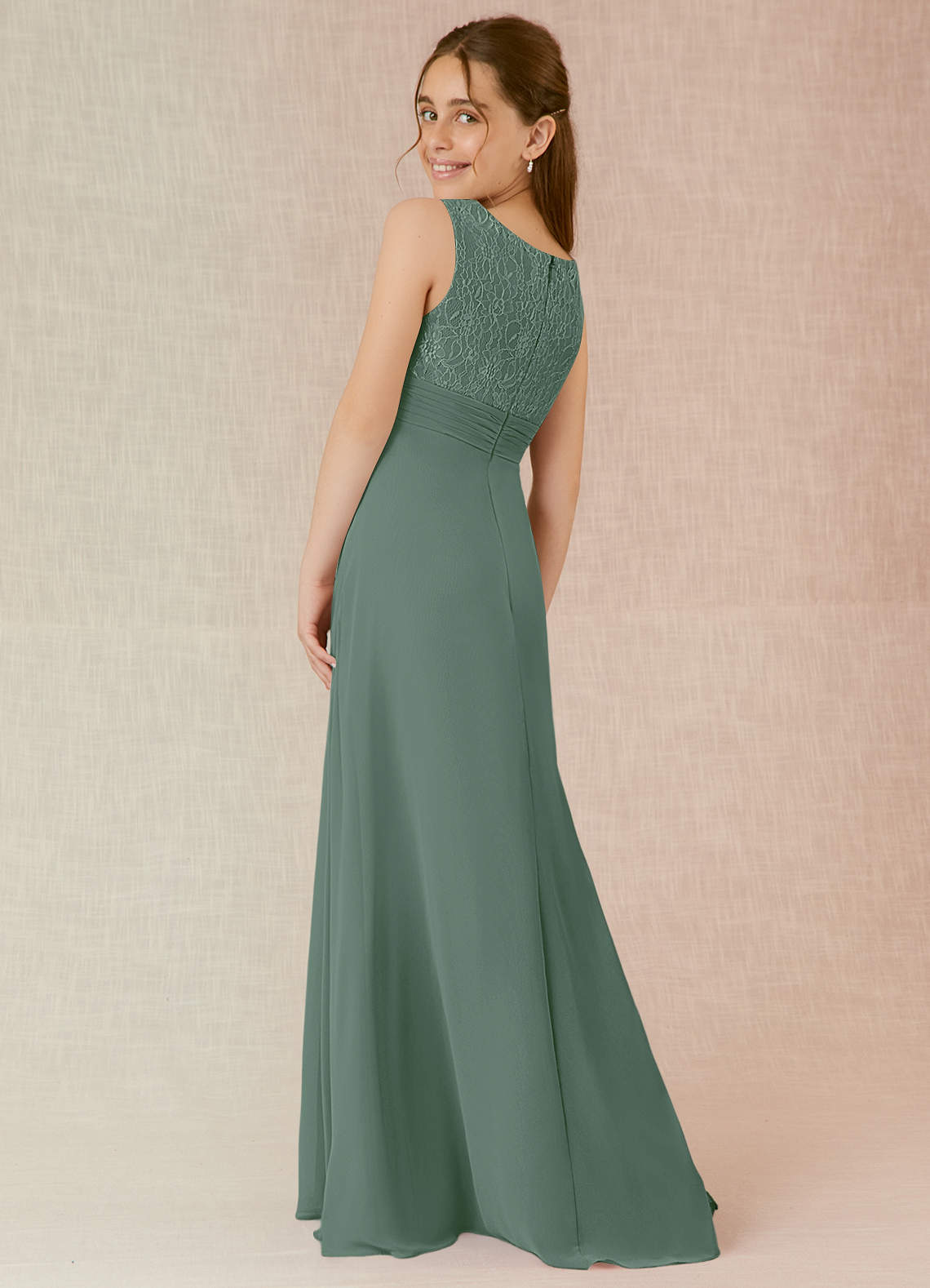 Azazie Snow Junior Eucalyptus A-Line Lace Chiffon Dress image1