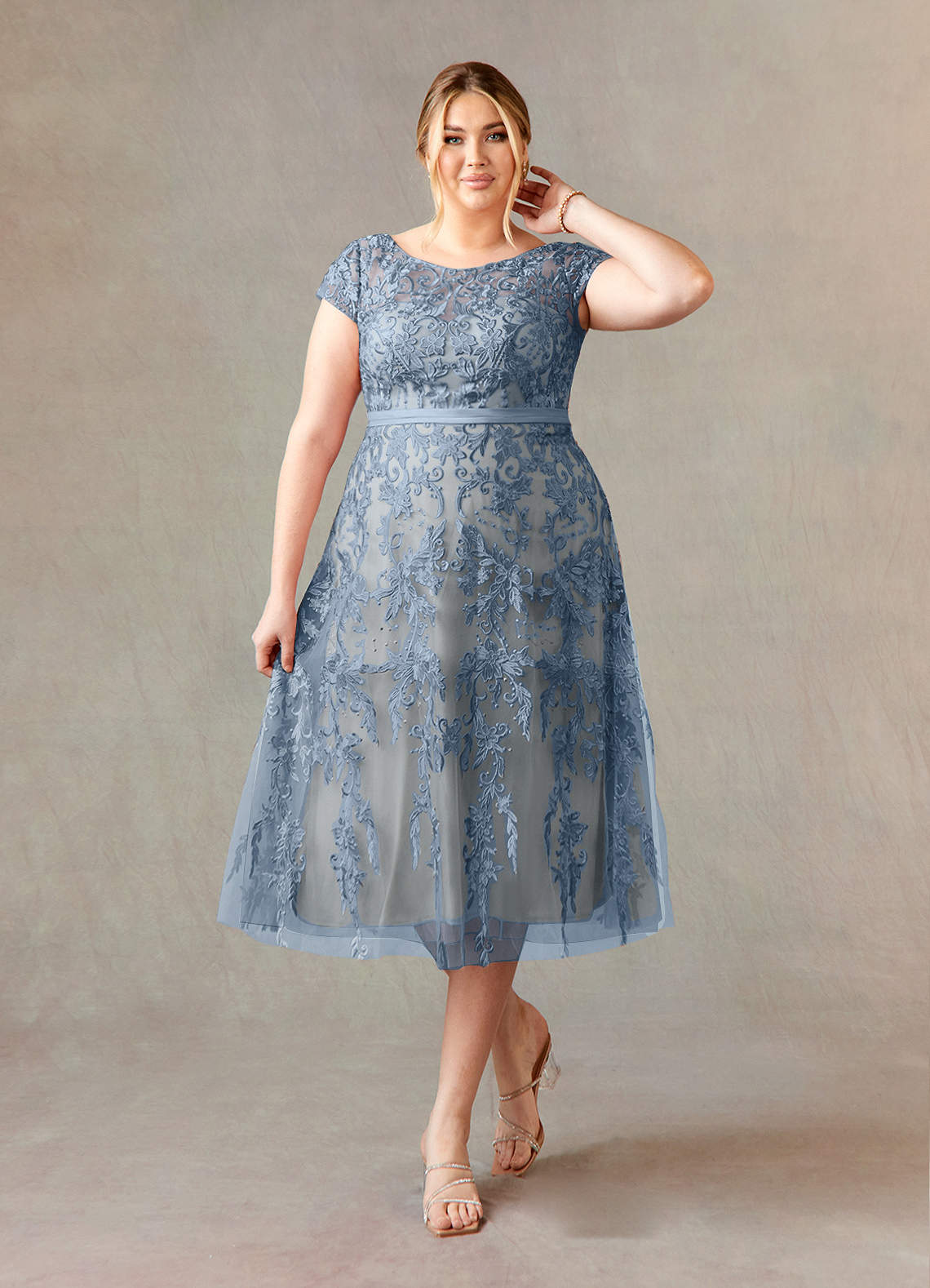 Azazie Sanna Mother of the Bride Dresses Dusty Blue Champagne A-Line Scoop Lace Tulle Dress image1