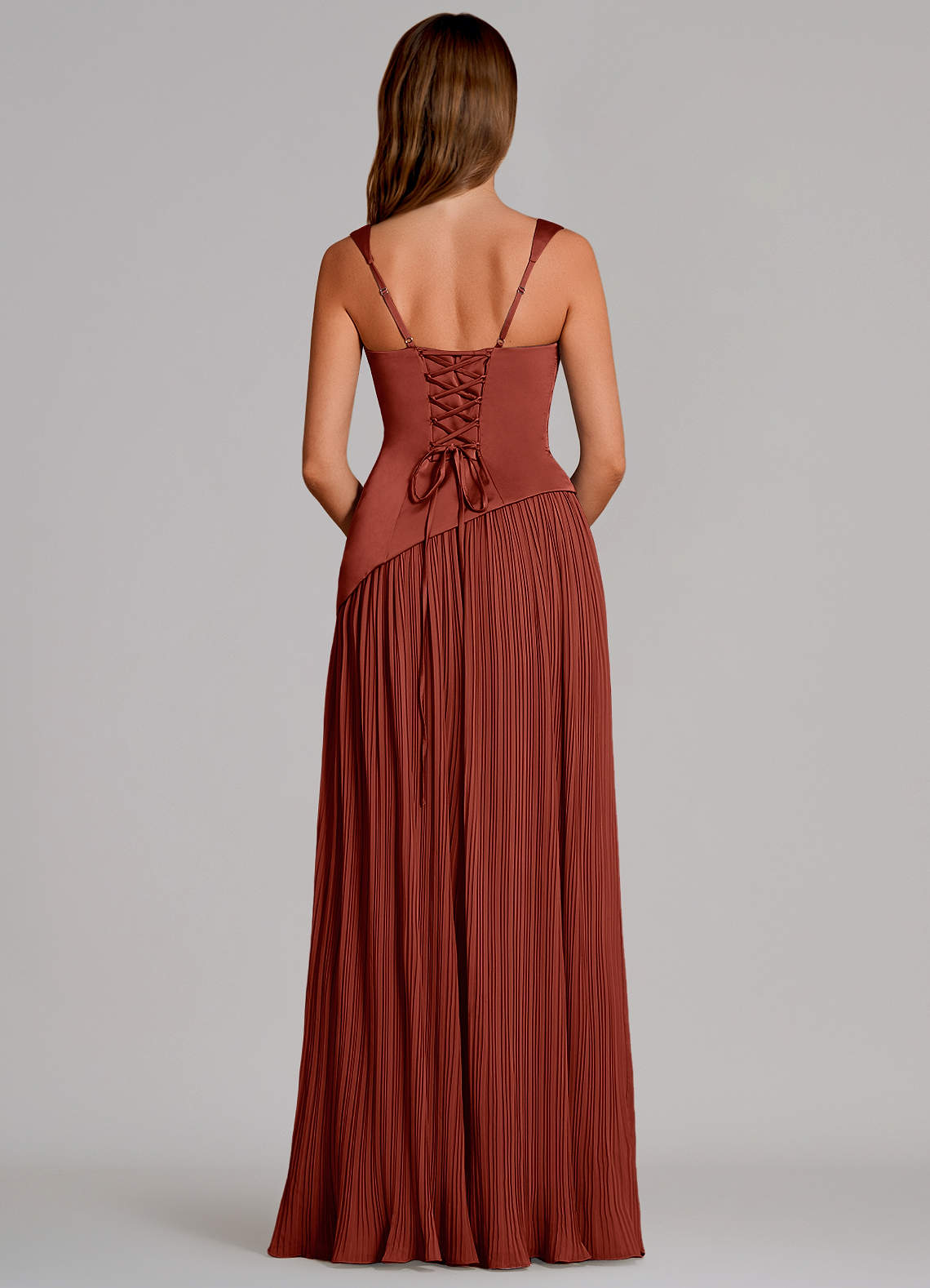 Azazie Stephanie Vestidos de madrinha de casamento Vestido Terracota de Cetim elástico de Linha A com Plissado image4