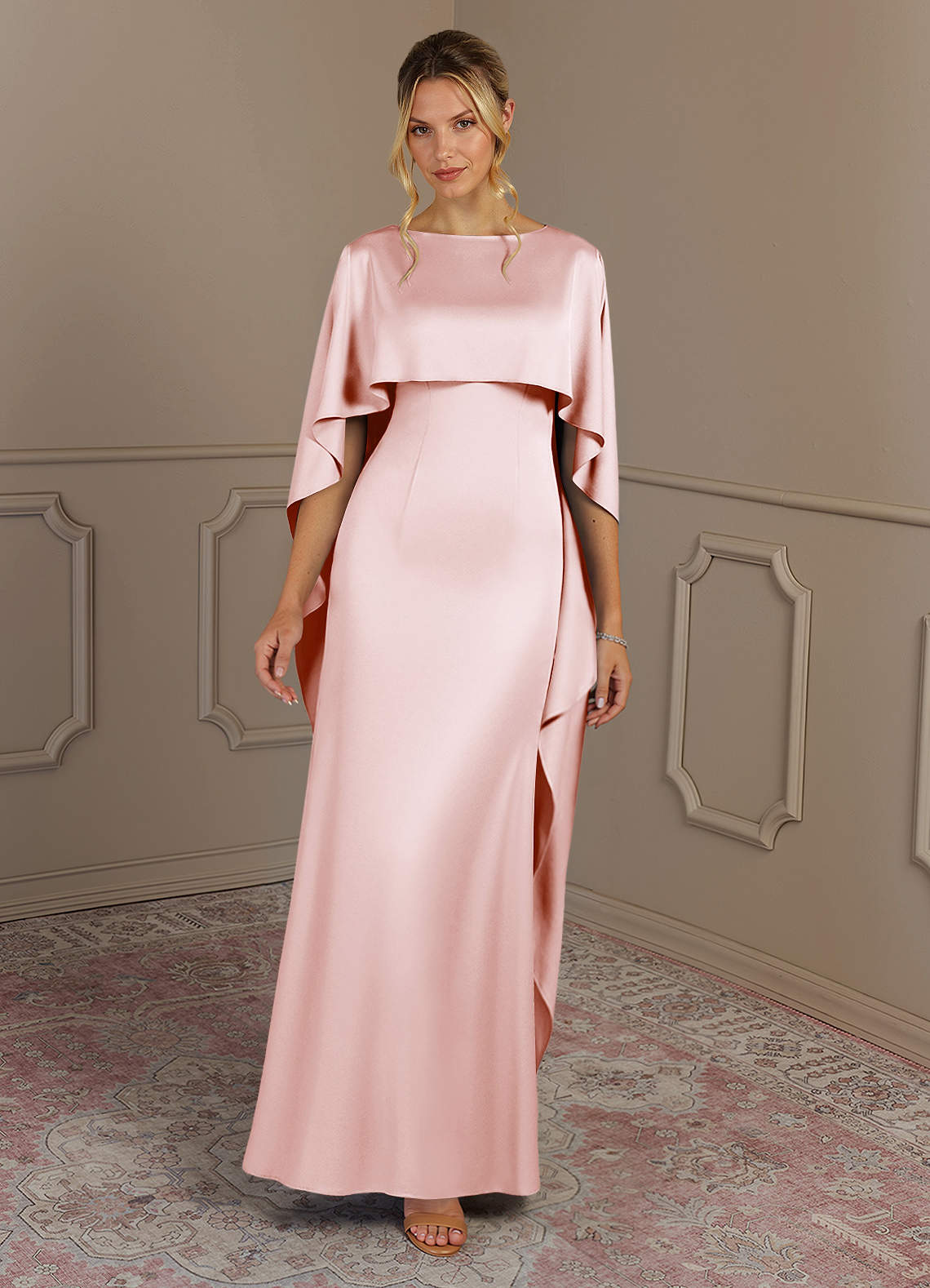 Azazie Eli Blushing Pink Sheath Boatneck Stretch Satin Dress | Azazie DE