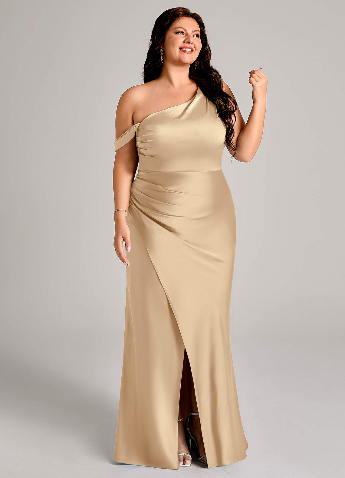 Azazie Madelyn Bridesmaid Dresses Champagne Mermaid One Shoulder Stretch Satin Convertible Dress image12