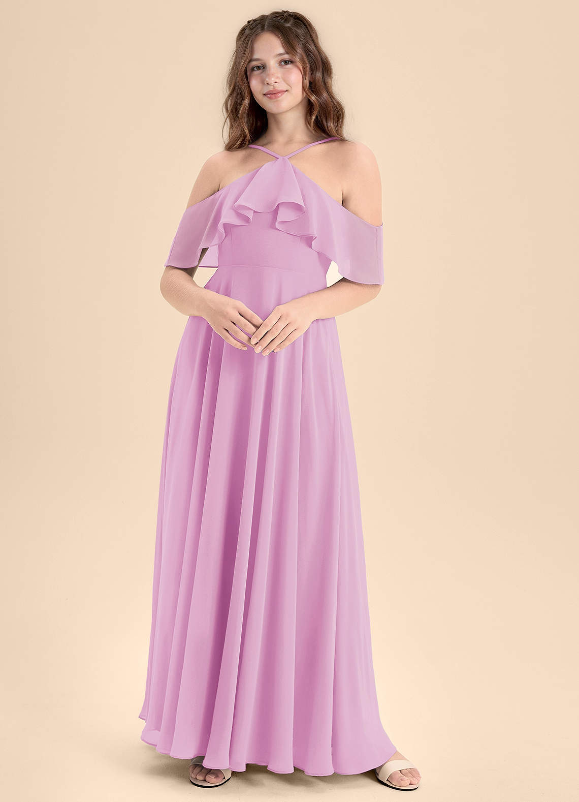 Azazie Tessabelle Junior Abito A-Line in Chiffon a Spalla Scoperta Rosa Confetto image1