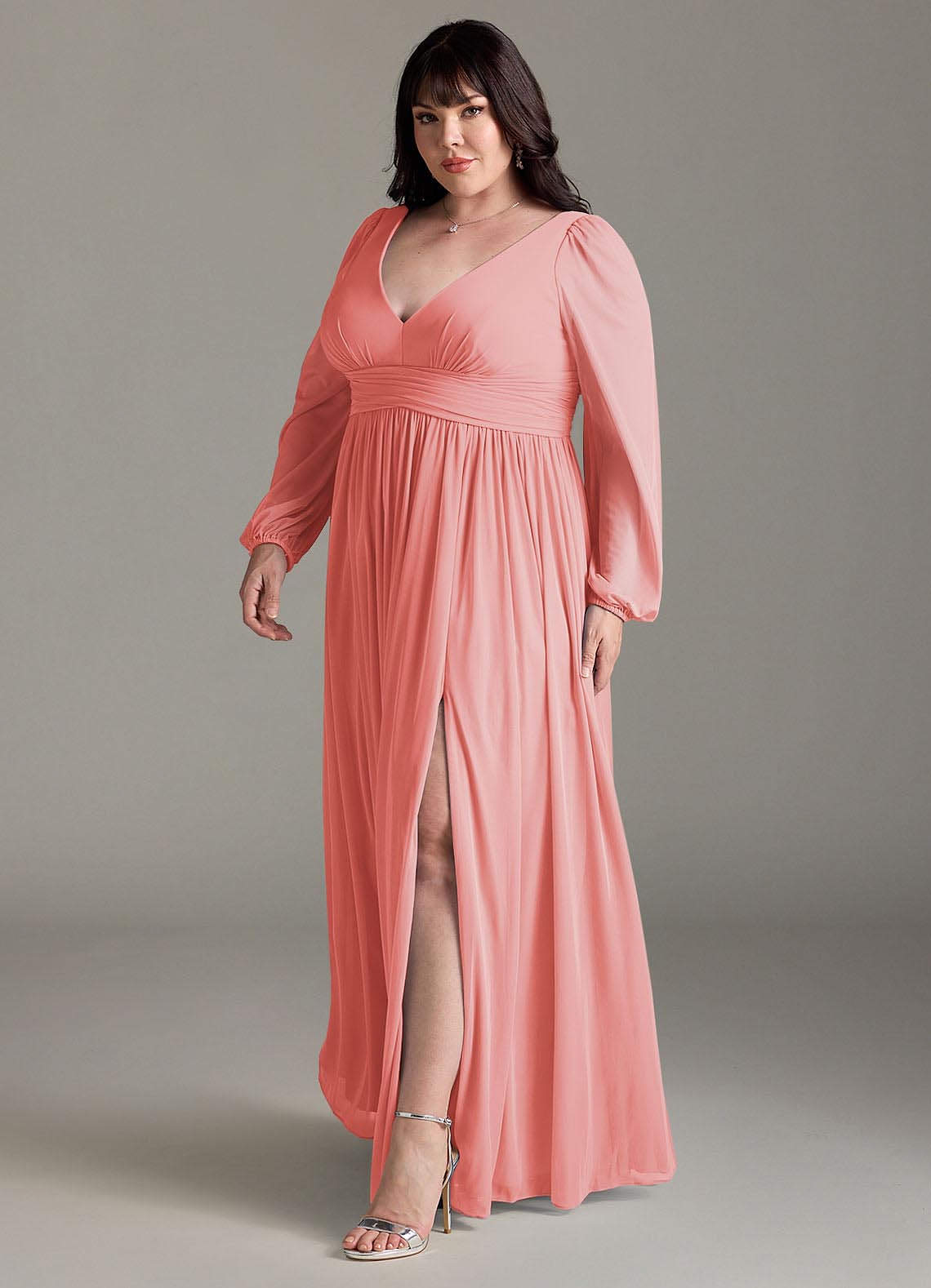pink.nami　Airy Volume Sleeve Dress Sierra Pink Mesh Ruched Floral Bardot Lace-Up Midi Dress