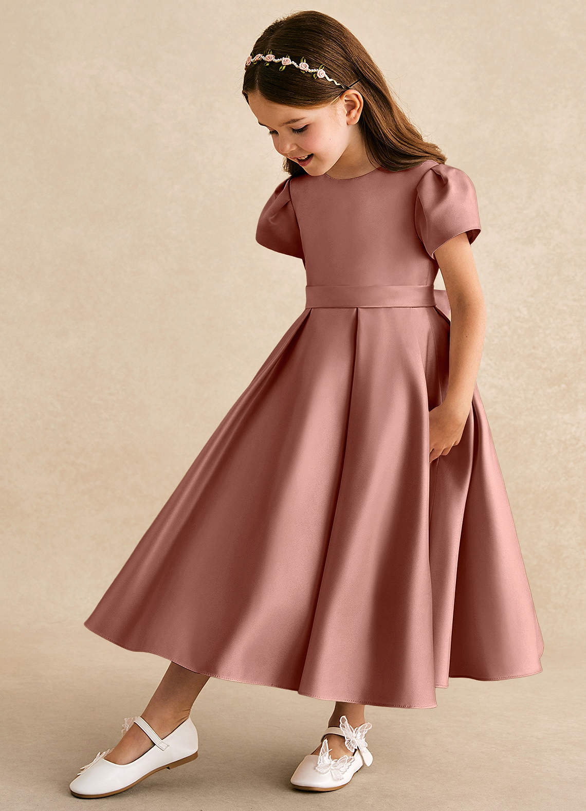 Azazie Princess Flower Girl Dresses Cedar Rose A-Line Pleated Matte Satin Dress image1