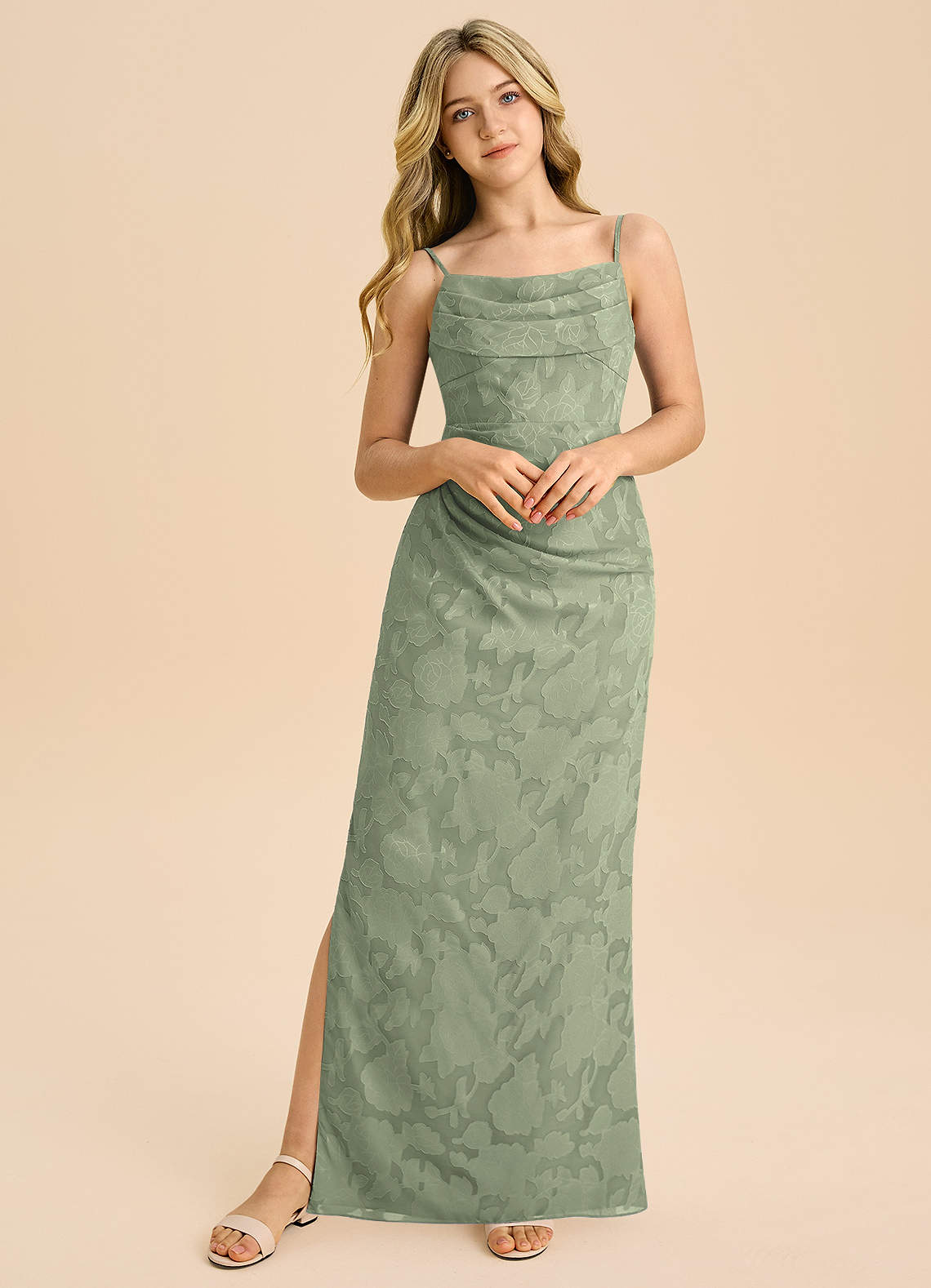 Azazie Mai Junior Agave Sheath Pleated Floral Burnout Dress image4