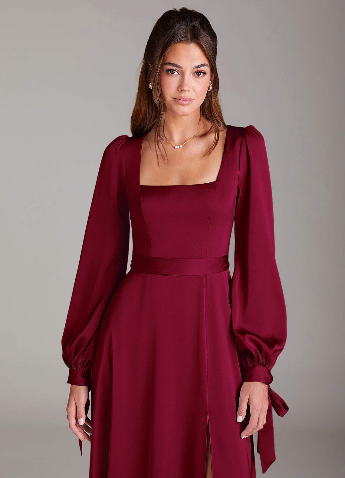 Azazie Leonia Bridesmaid Dresses Burgundy A-Line Long Sleeve Stretch Satin Dress image5