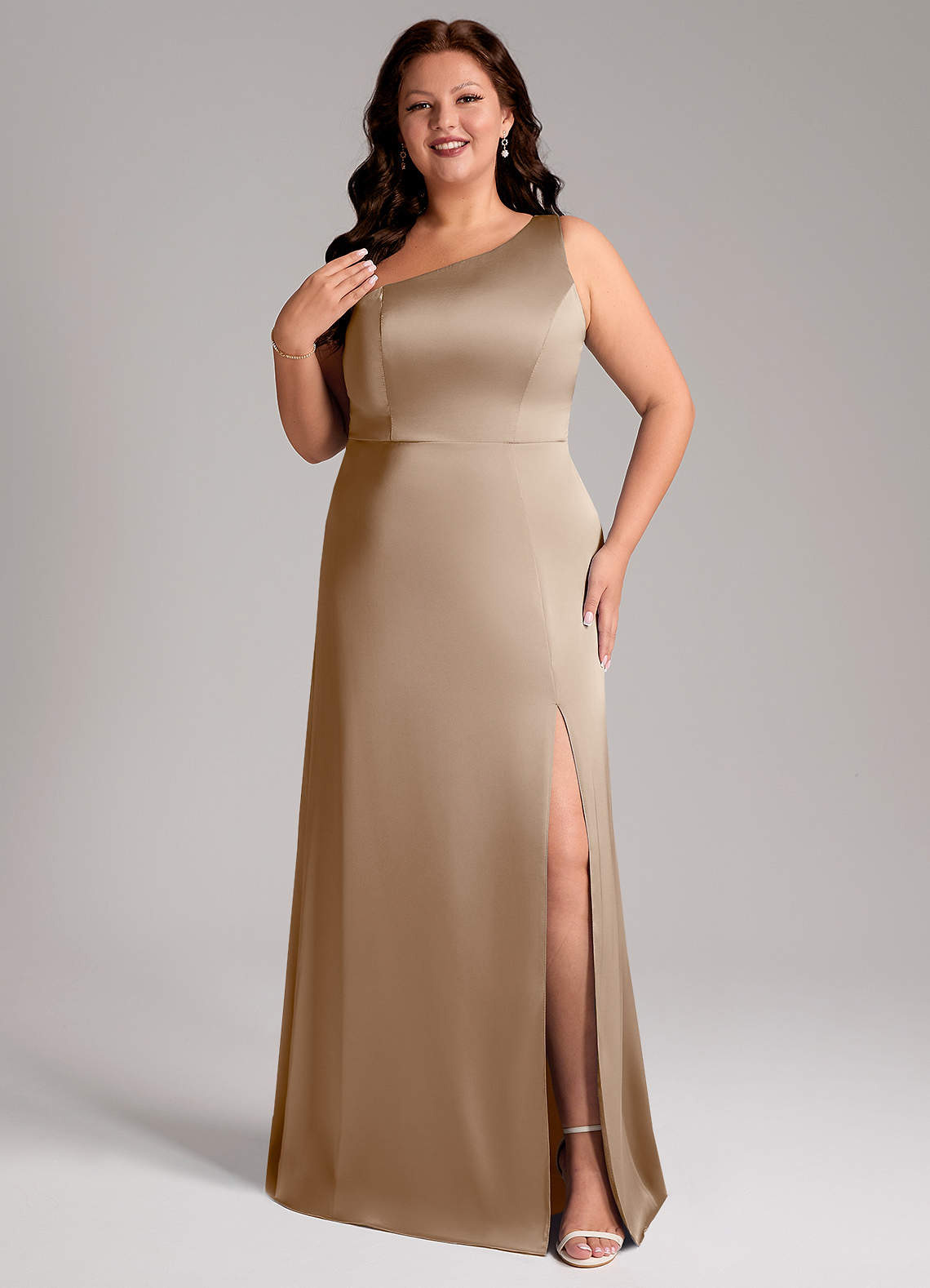 Azazie Phaedra Bridesmaid Dresses Taupe A-Line One Shoulder Stretch Satin Dress image1