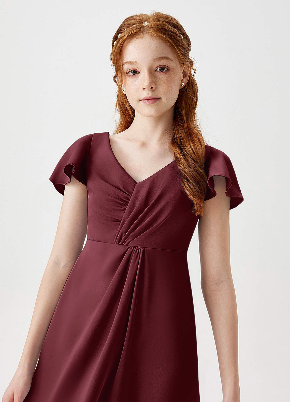 Azazie Soren Junior Abito A-Line in Raso Elasticizzato Increspato Cabernet image2
