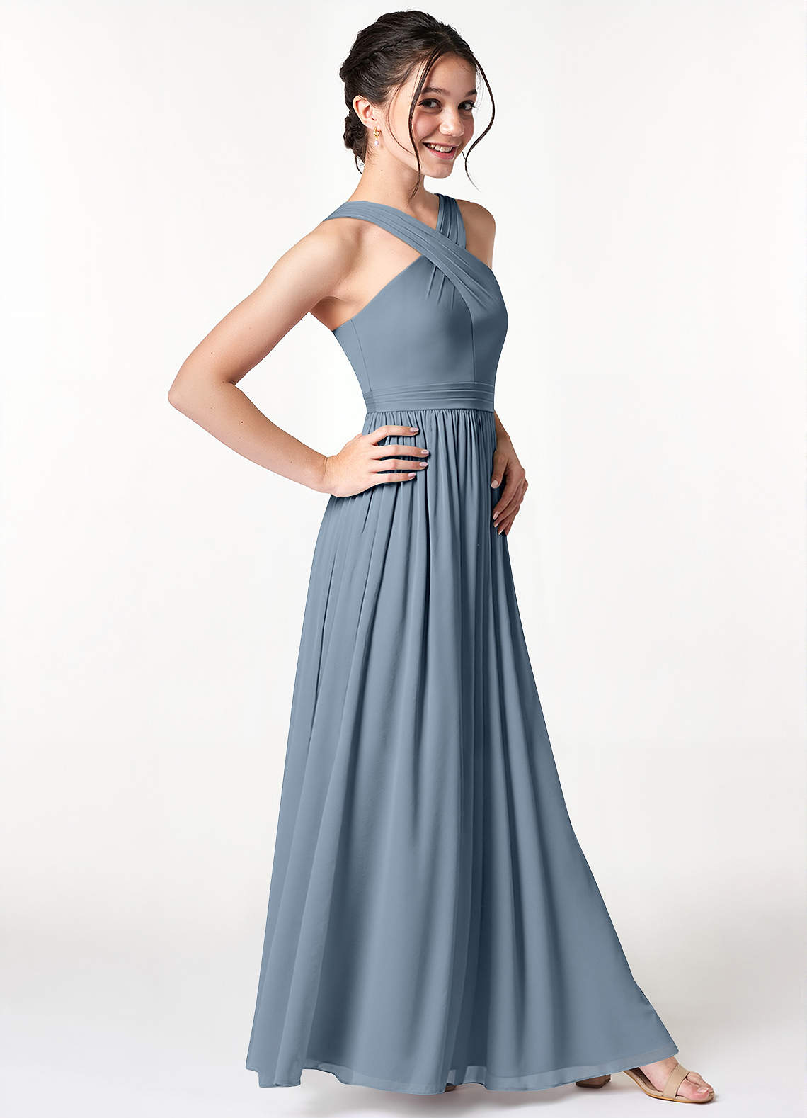 Azazie Jiya Junior Vestido de Azul Polvoriento de Malla de Corte en A con Plisado image2