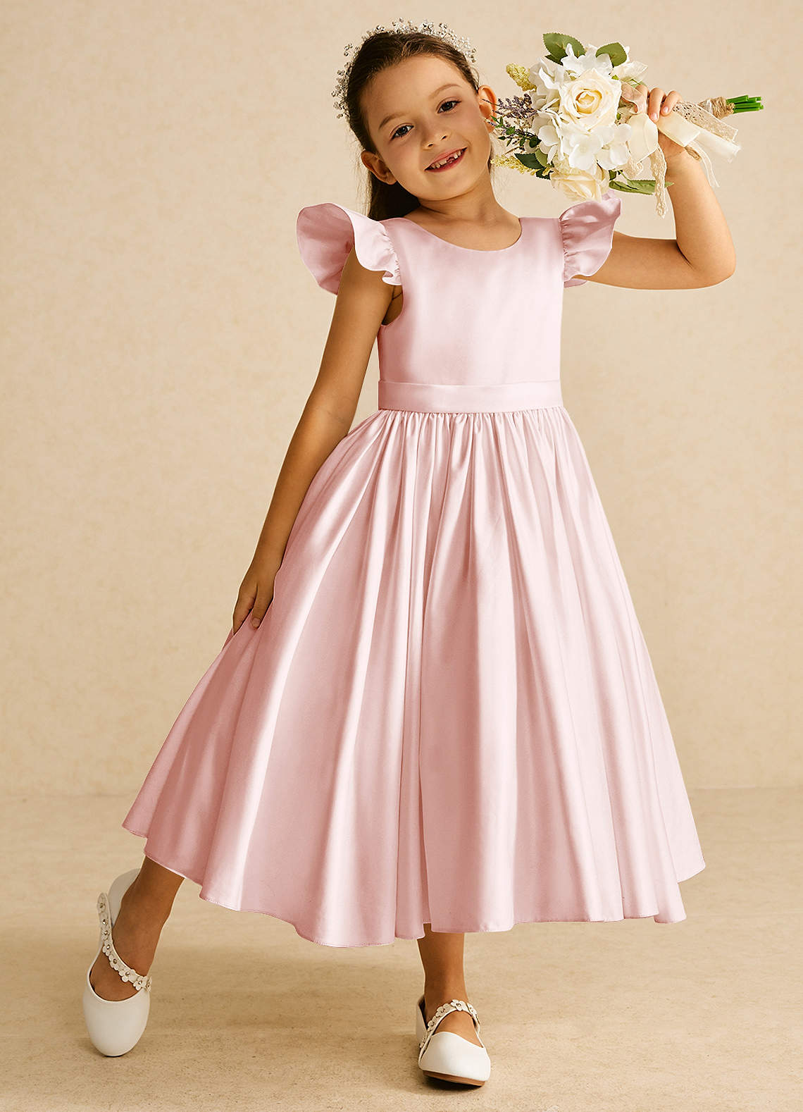 Azazie Violeta Flower Girl Dresses Blushing Pink Ball-Gown Bow Matte Satin Dress image1