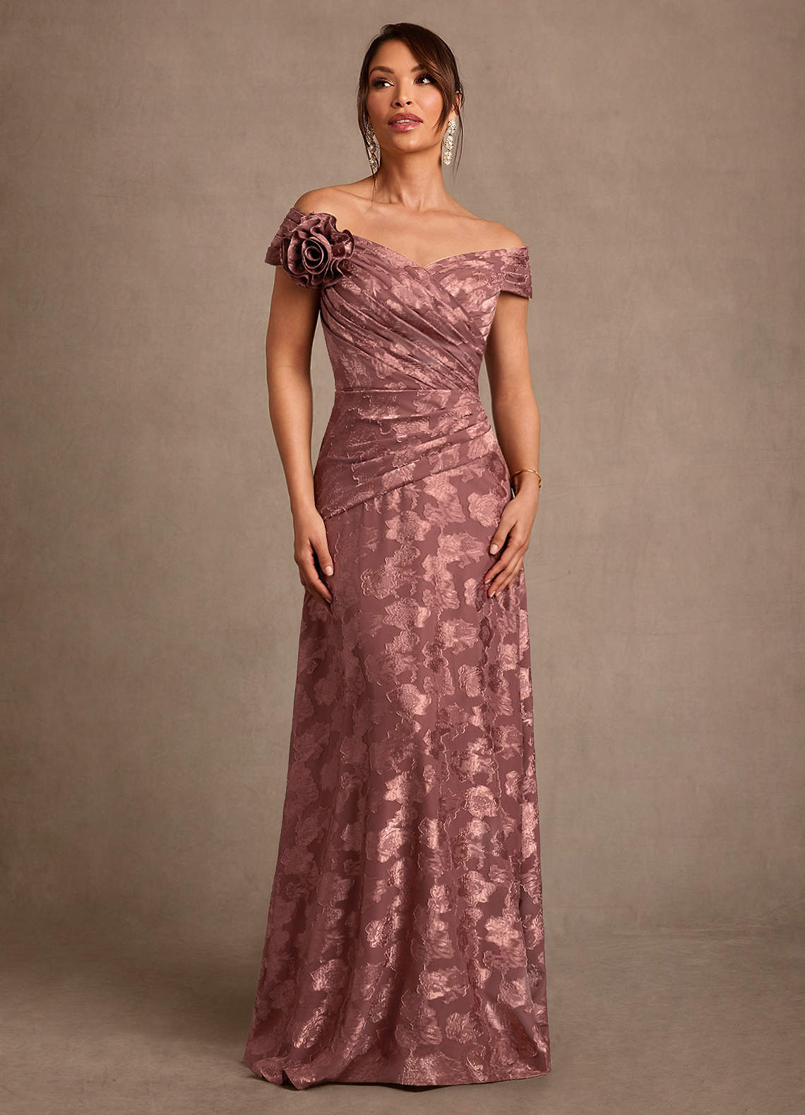 Azazie Bernadette Desert Rose A-Line Off the Shoulder Floral