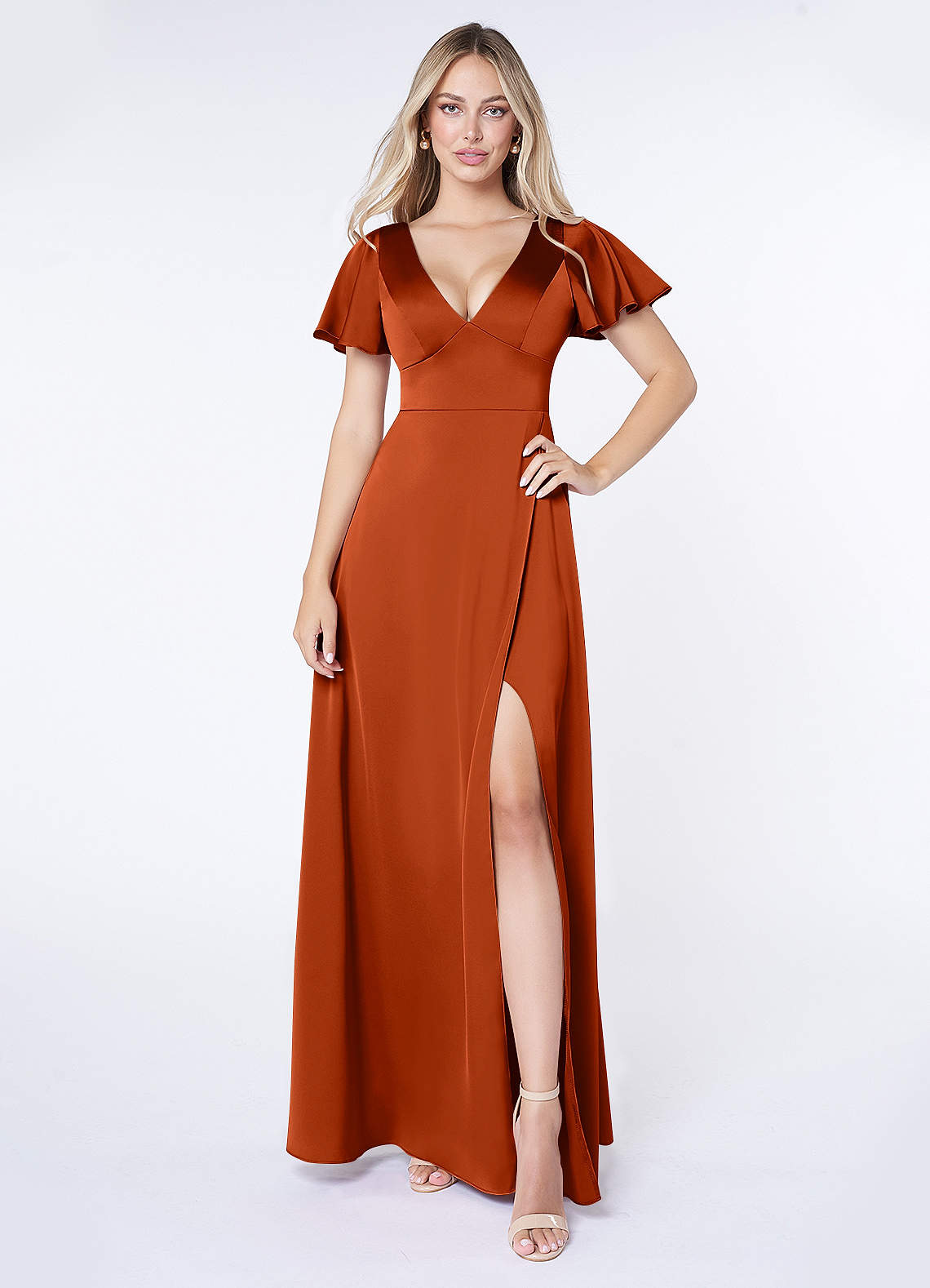 Azazie Lani Bridesmaid Dresses Paprika A-Line Flounce Sleeve Stretch Satin Dress image1
